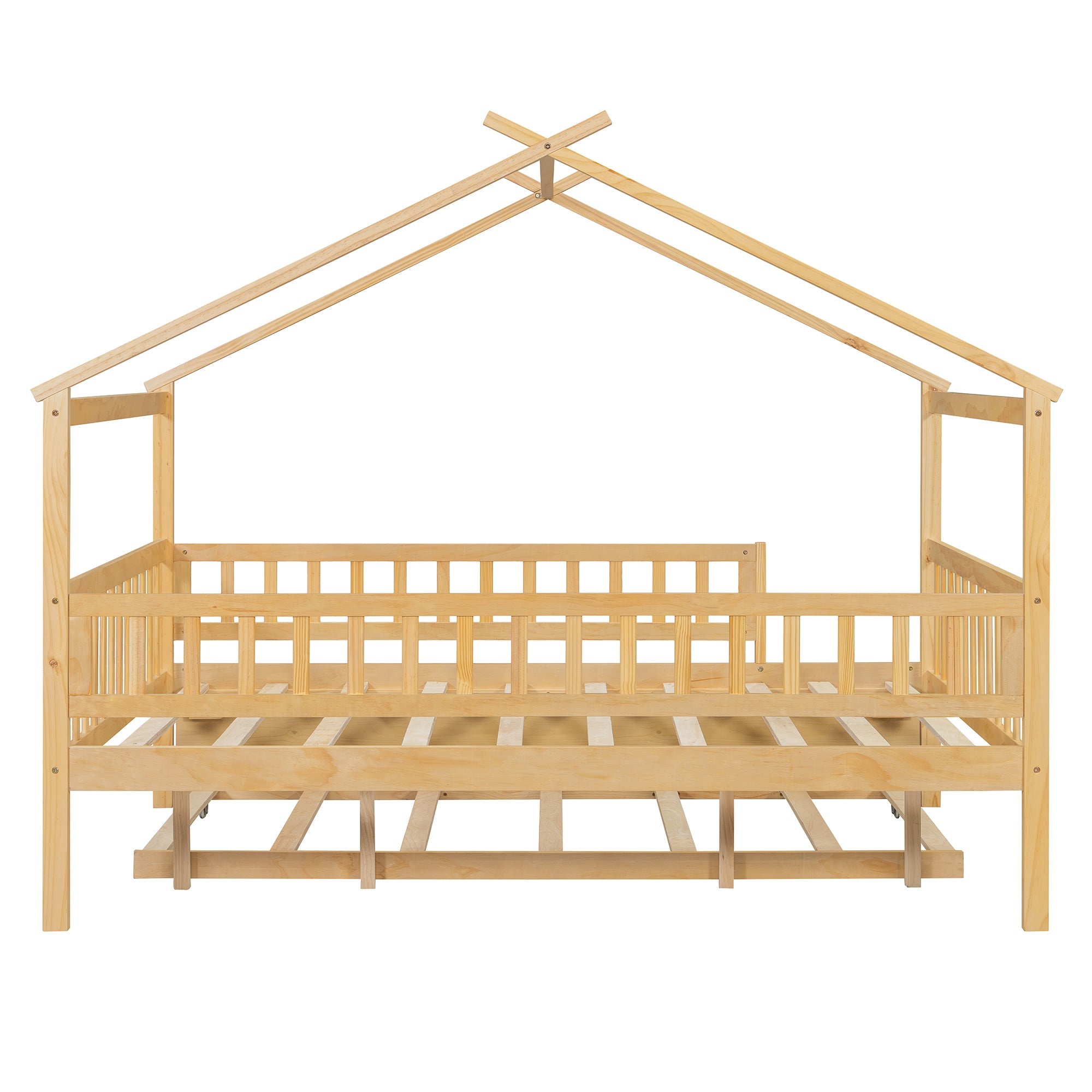 Full Size Wooden House Bed with Twin Size Trundle
