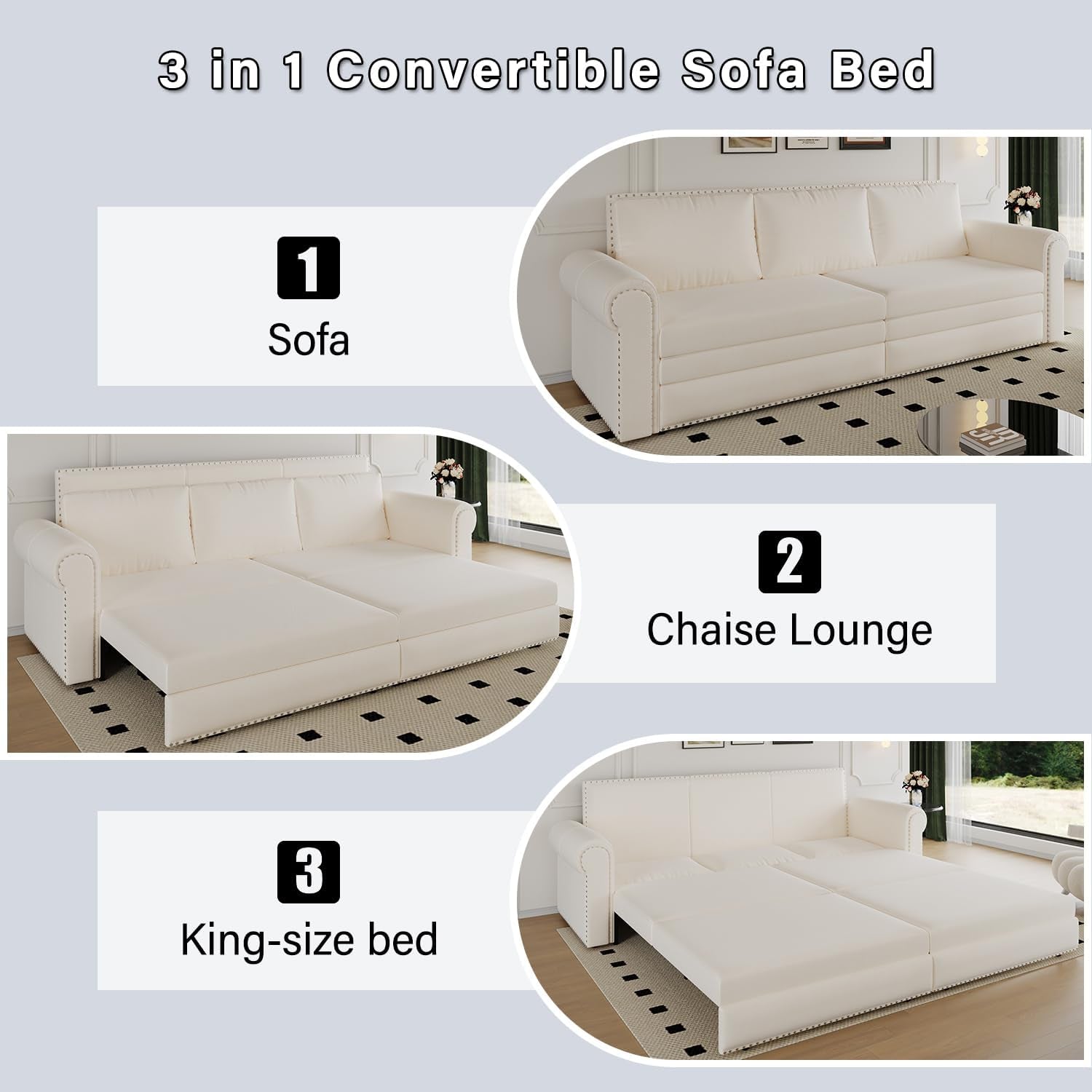 King Size Multifunctional Sleeper Sofa Beige Velvet-3