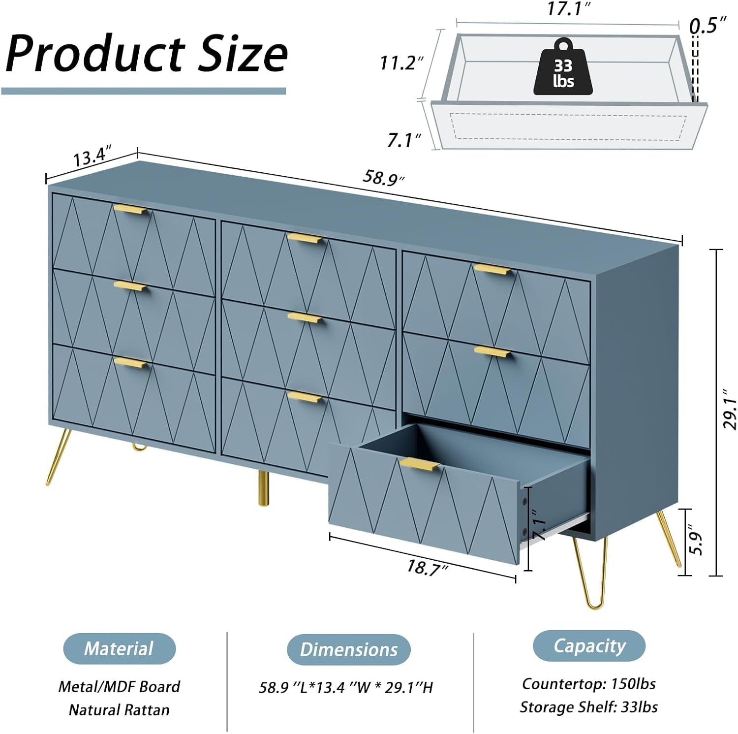 Hardy Haus Blue Industrial Walnut-Finish 9-Drawer Dresser | Wide Storage Chest