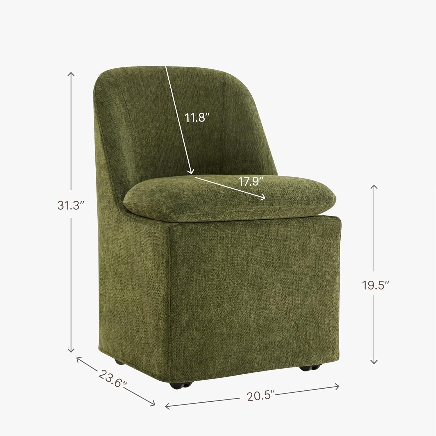 Green armchair with dimensions labeled on a white background