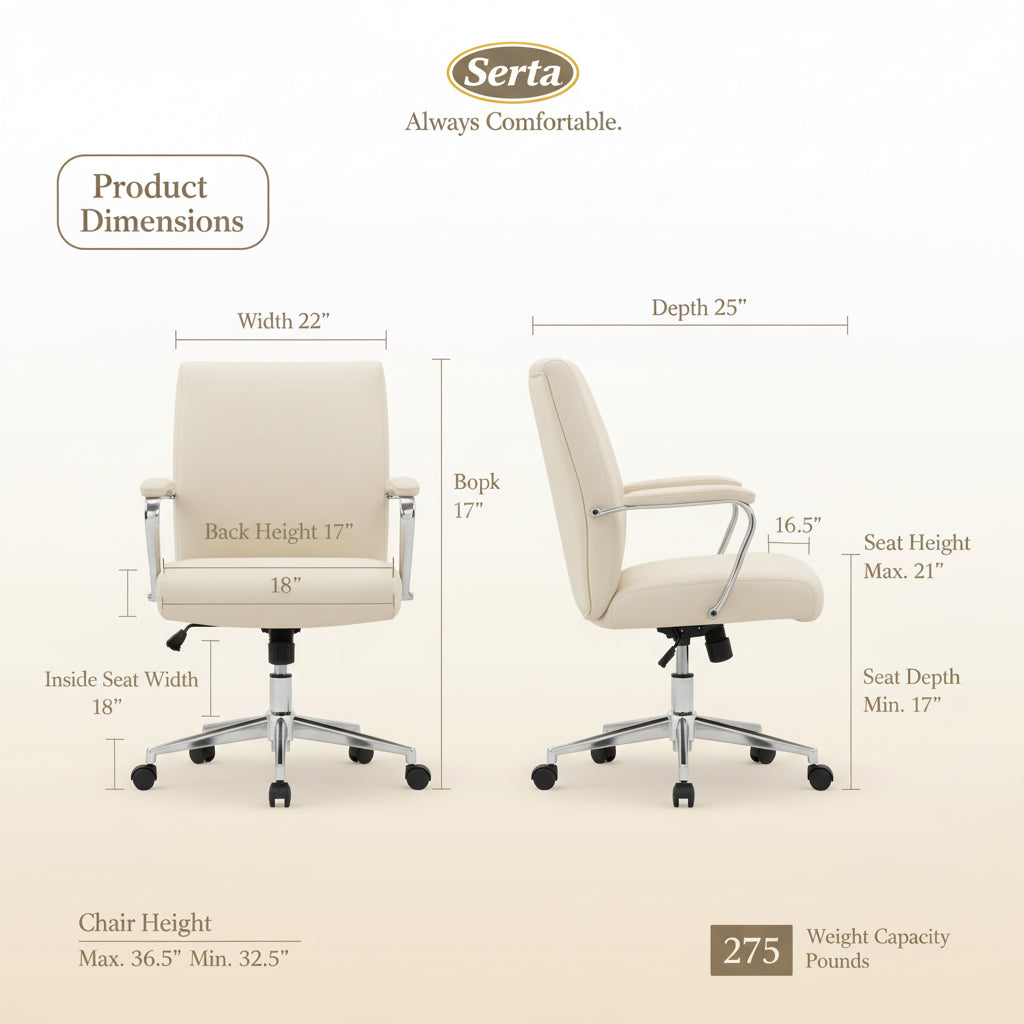 Serta office chair dimensions chart with measurements on a light blue background