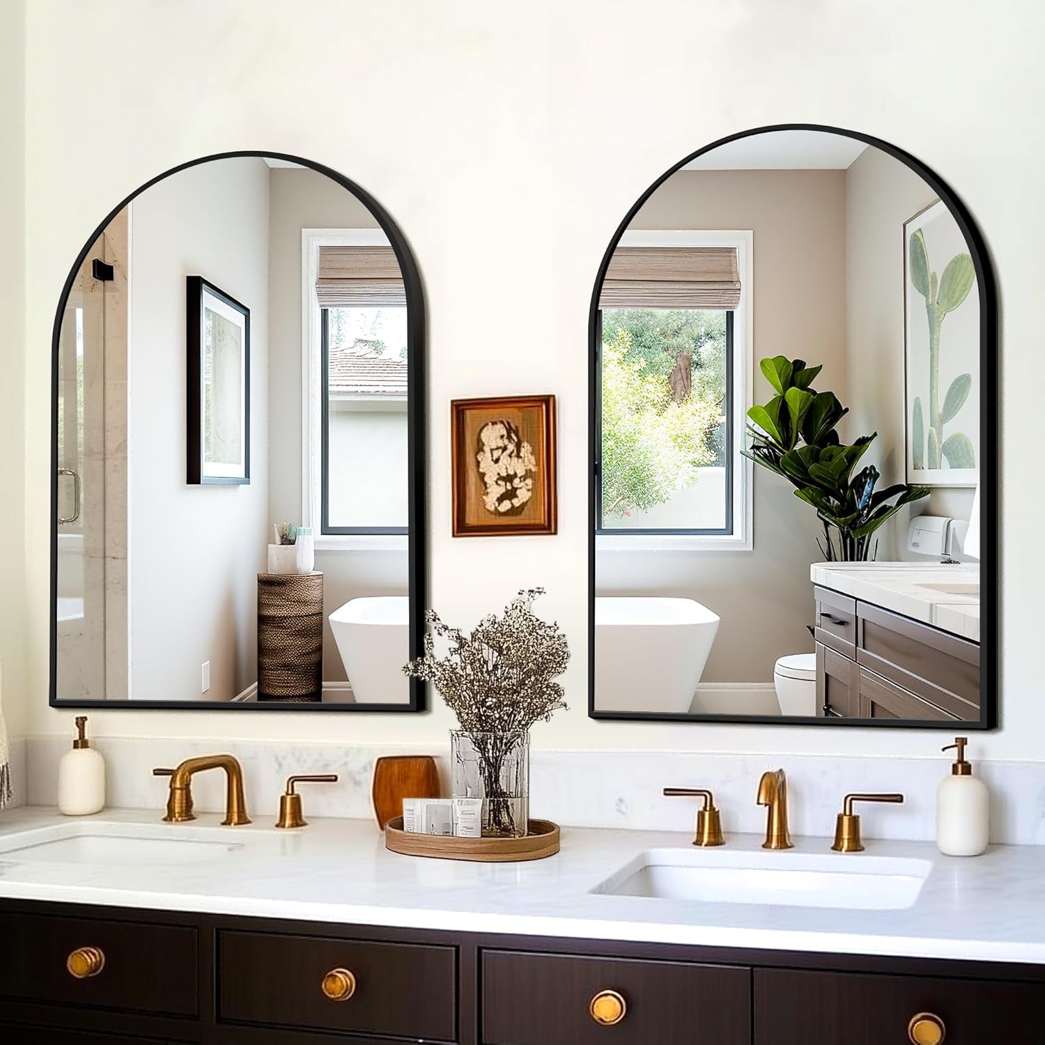 Bathroom with double vanity, mirrors, and decorative elements.