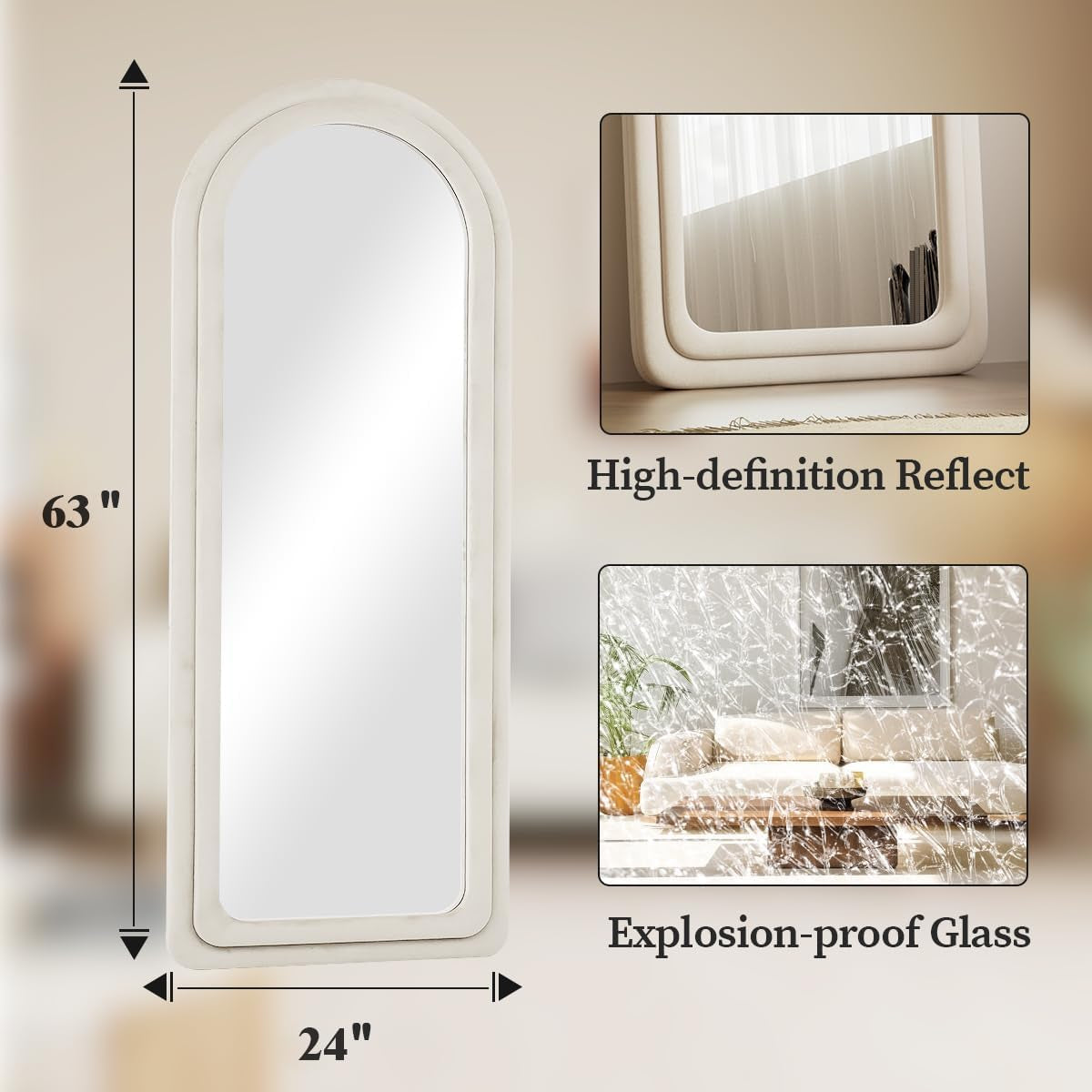 Rectangular mirror with dimensions and features highlighted on a neutral background