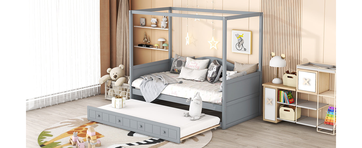 Twin Size Canopy Day Bed with Twin Size Trundle and Underbed Storage