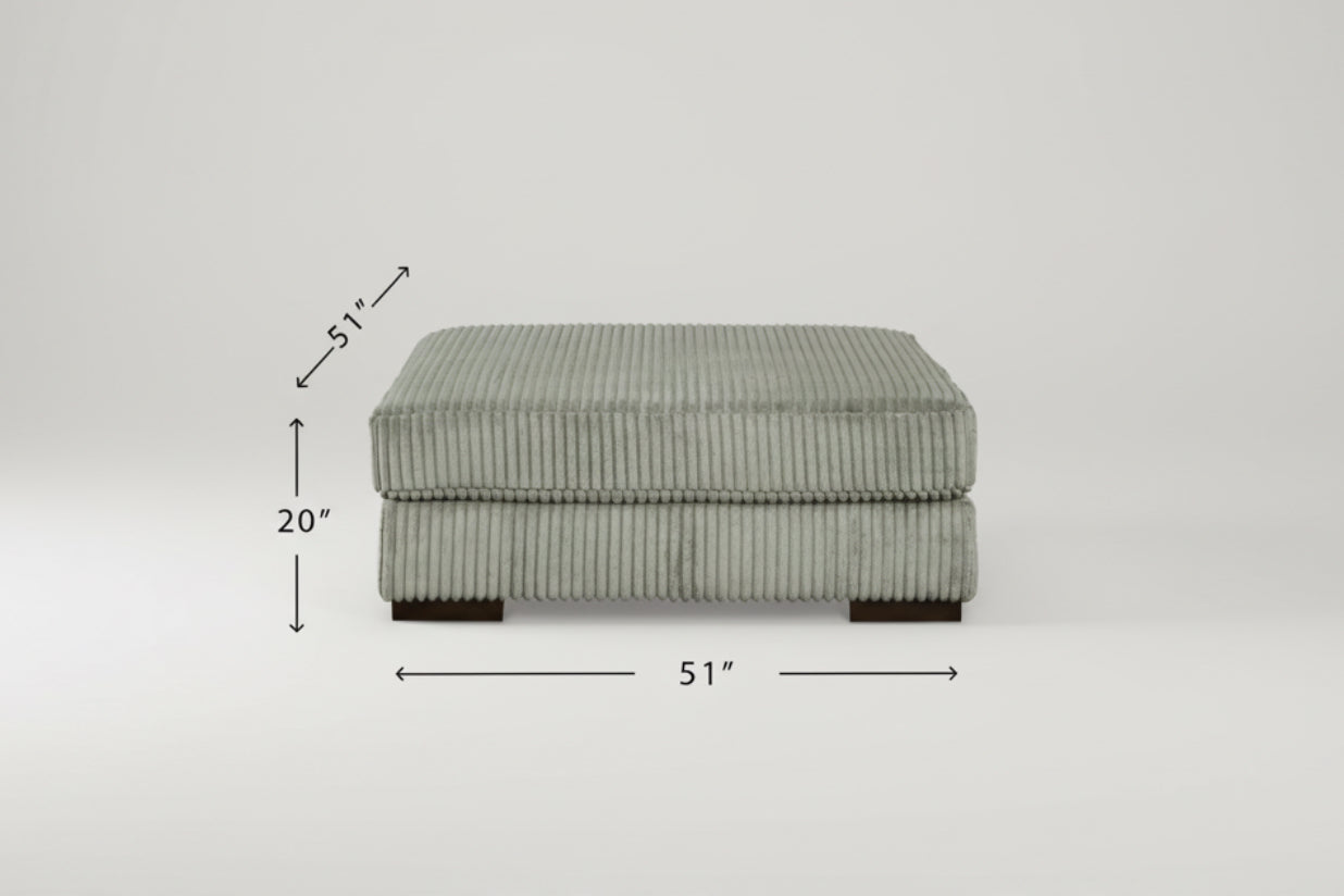 Gray ottoman with dimensions labeled on a white background