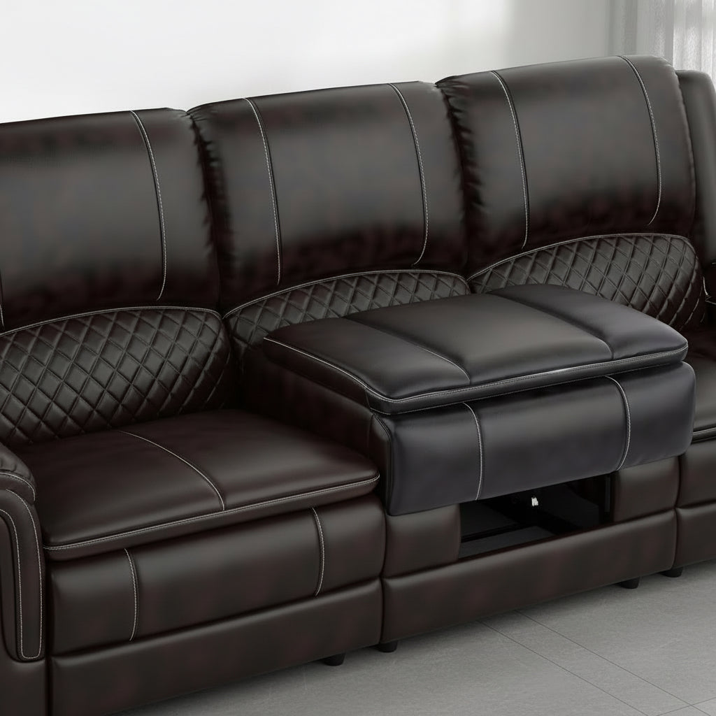 Multifunctional sofa with a person using a laptop, coffee, and snacks on a small table.