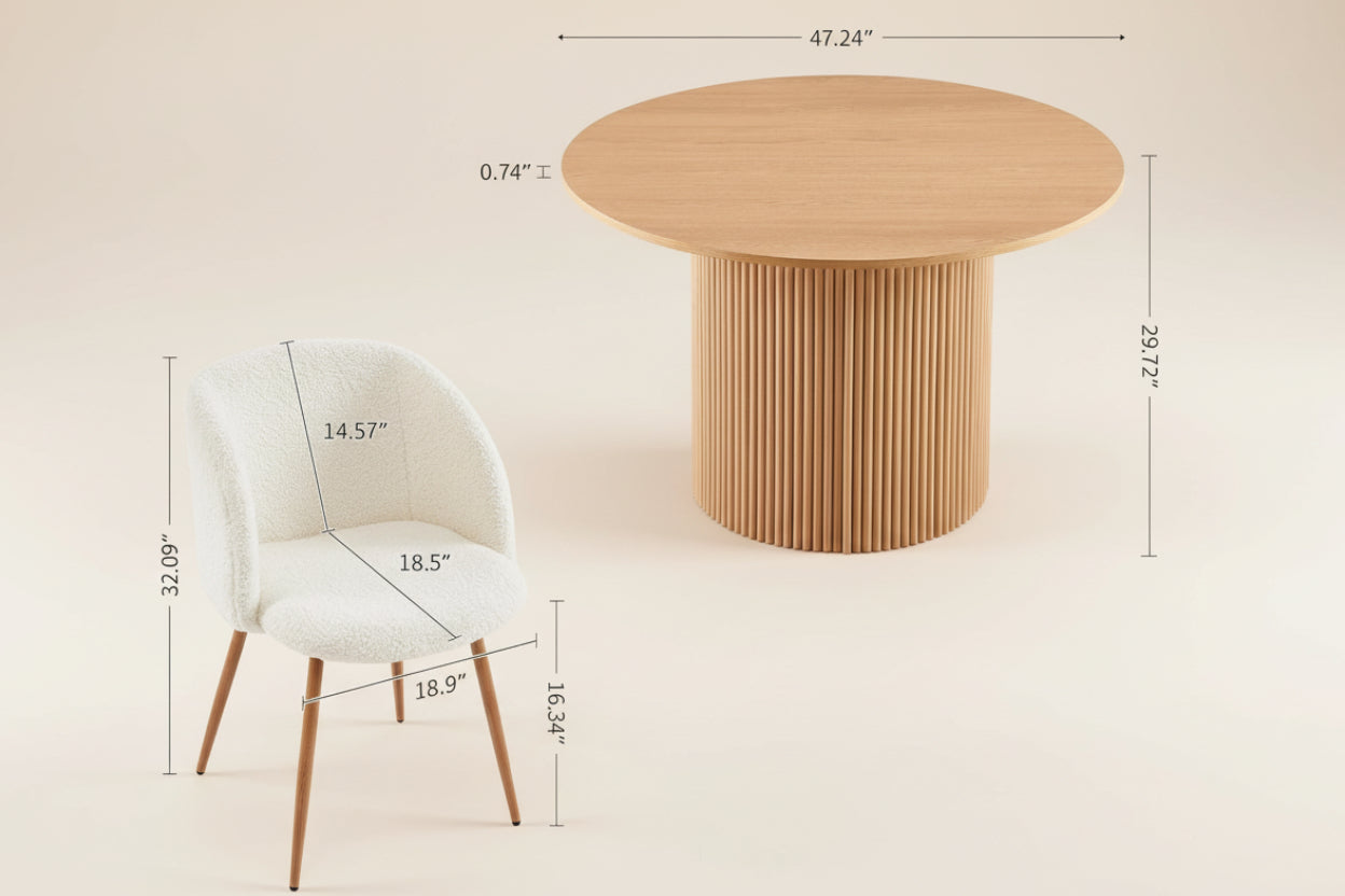Wooden table and chair with dimensions and weight capacity information on a white background
