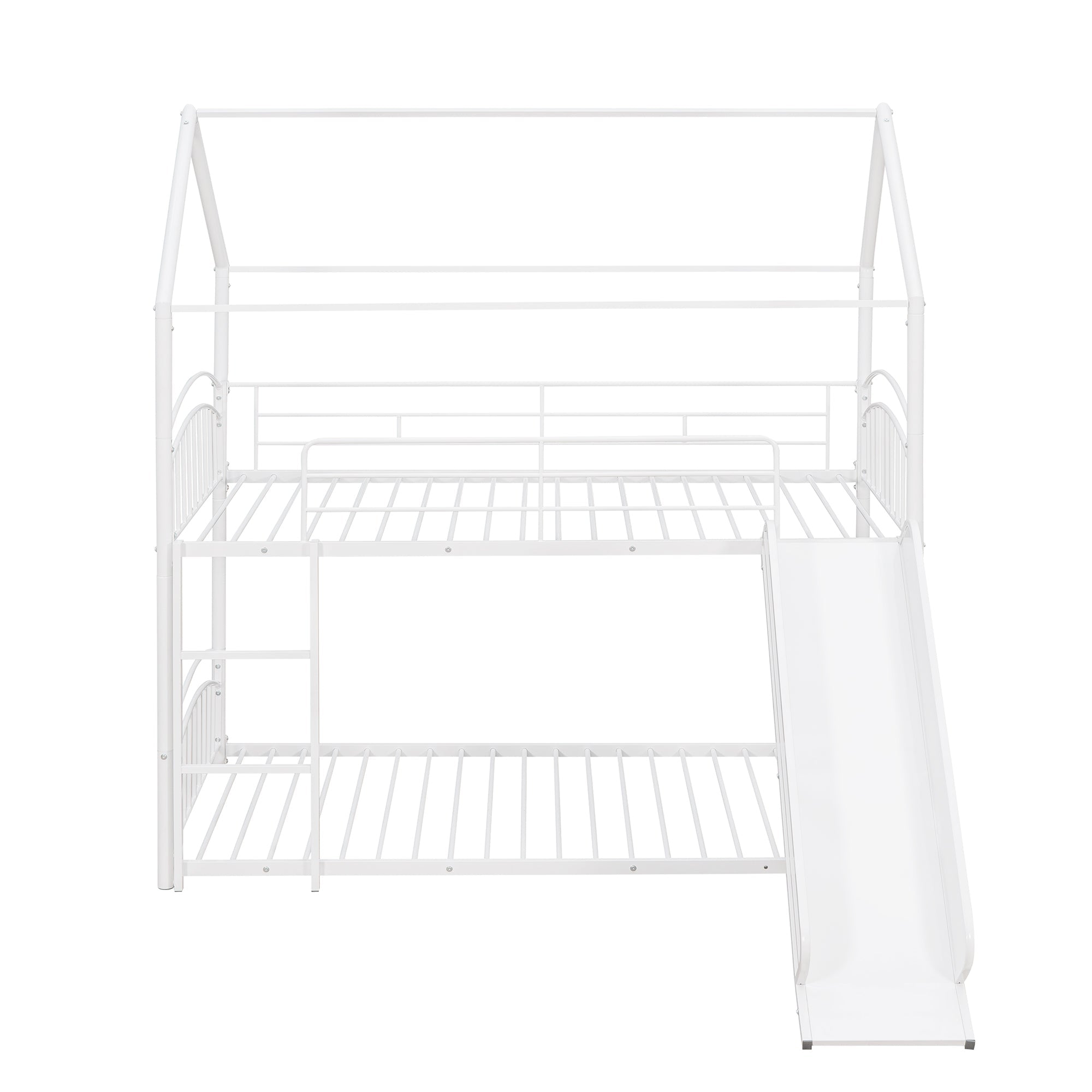 Twin Over Twin Metal Bunk Bed With Slide, Kids House Bed