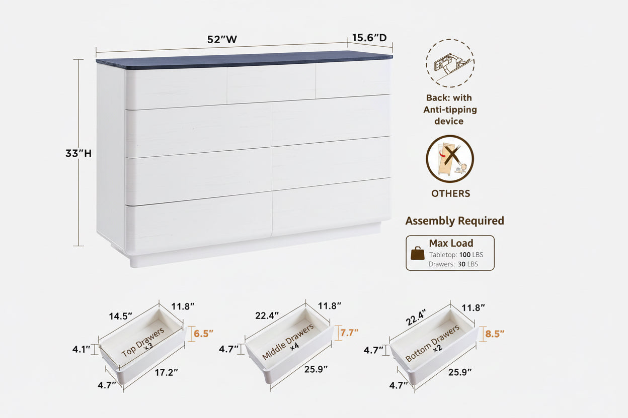 White dresser with dimensions and features highlighted on a white background