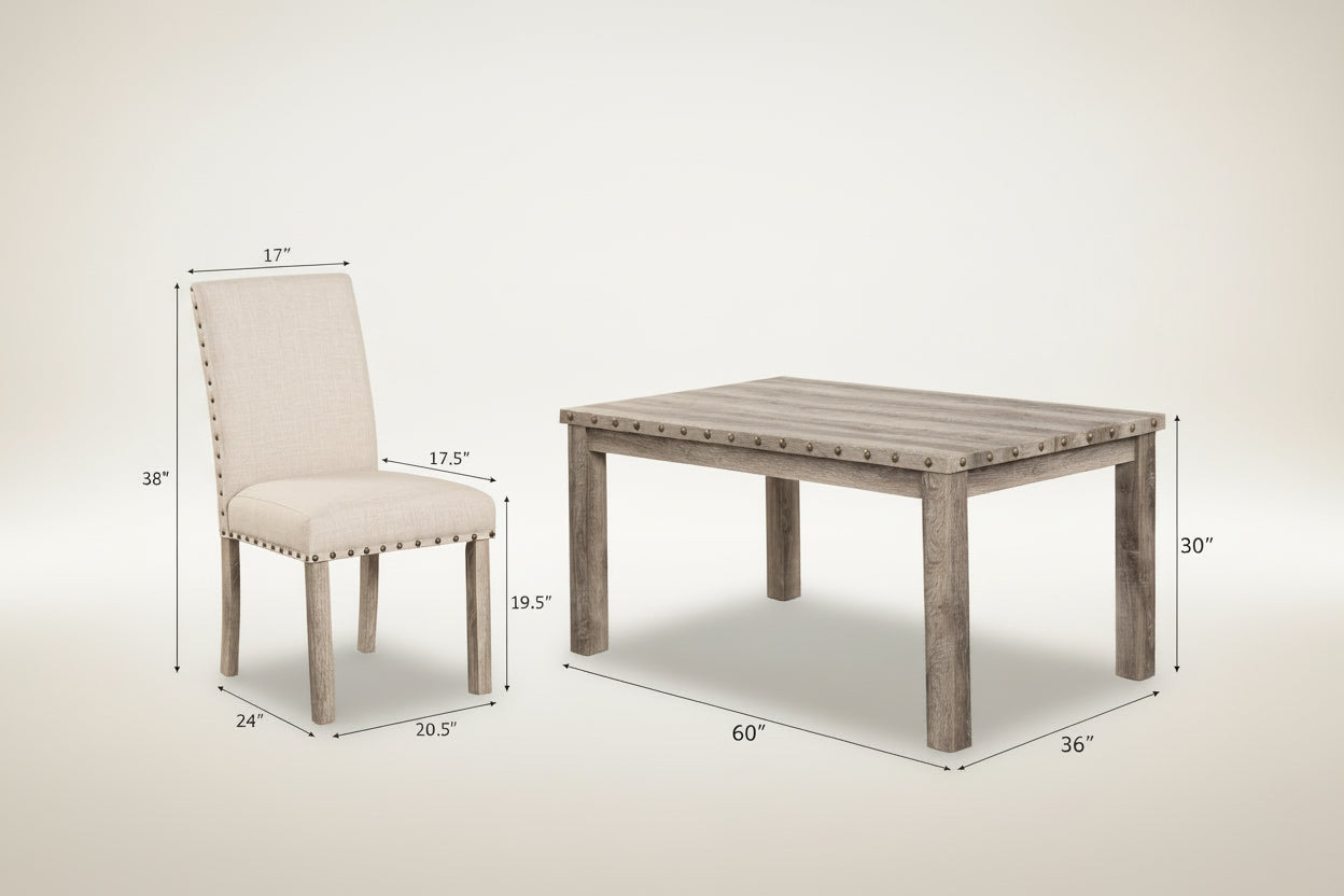 Dining table and chair with dimensions and packaging information on a brown background
