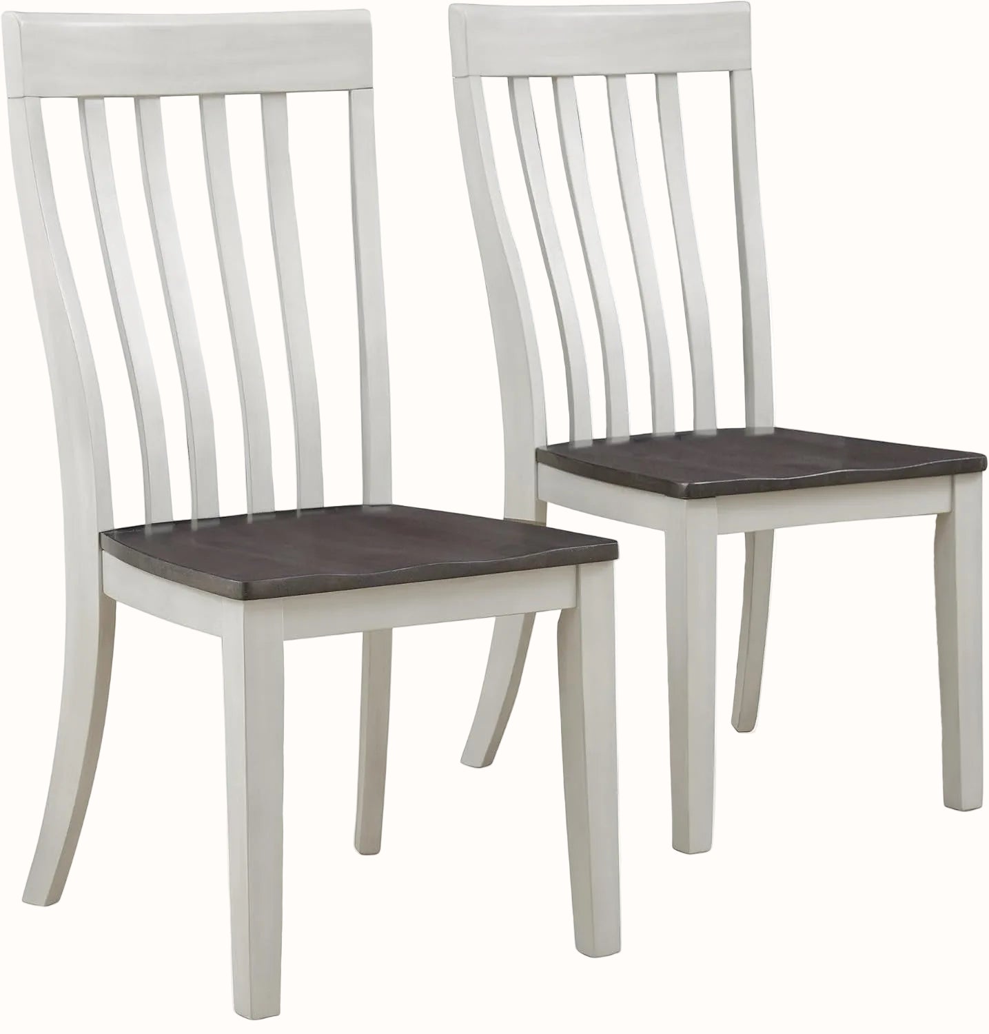 Two wooden chairs with gray frames and dark brown seats on a white background