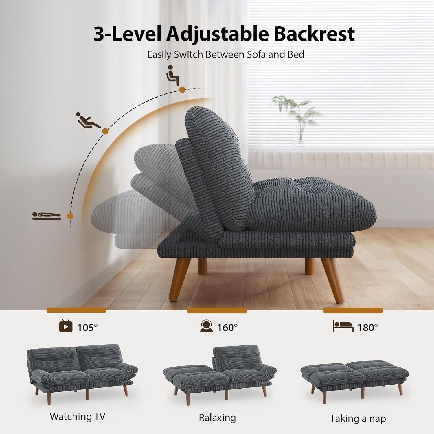 Gray adjustable chair with 3-level backrest feature in a room setting.