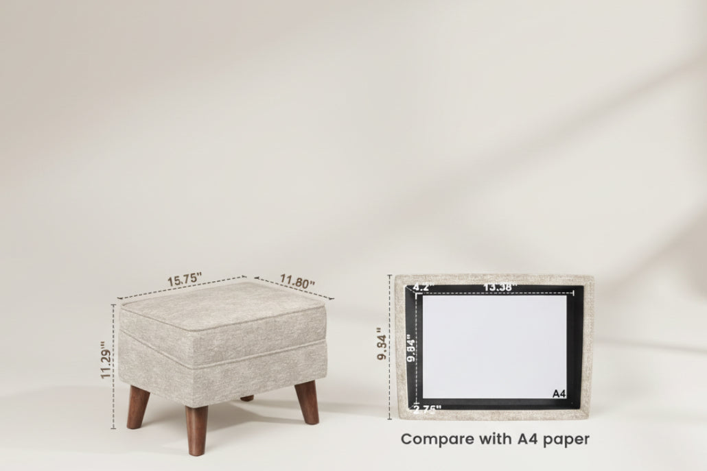 Ottoman with dimensions and capacity details on a white background