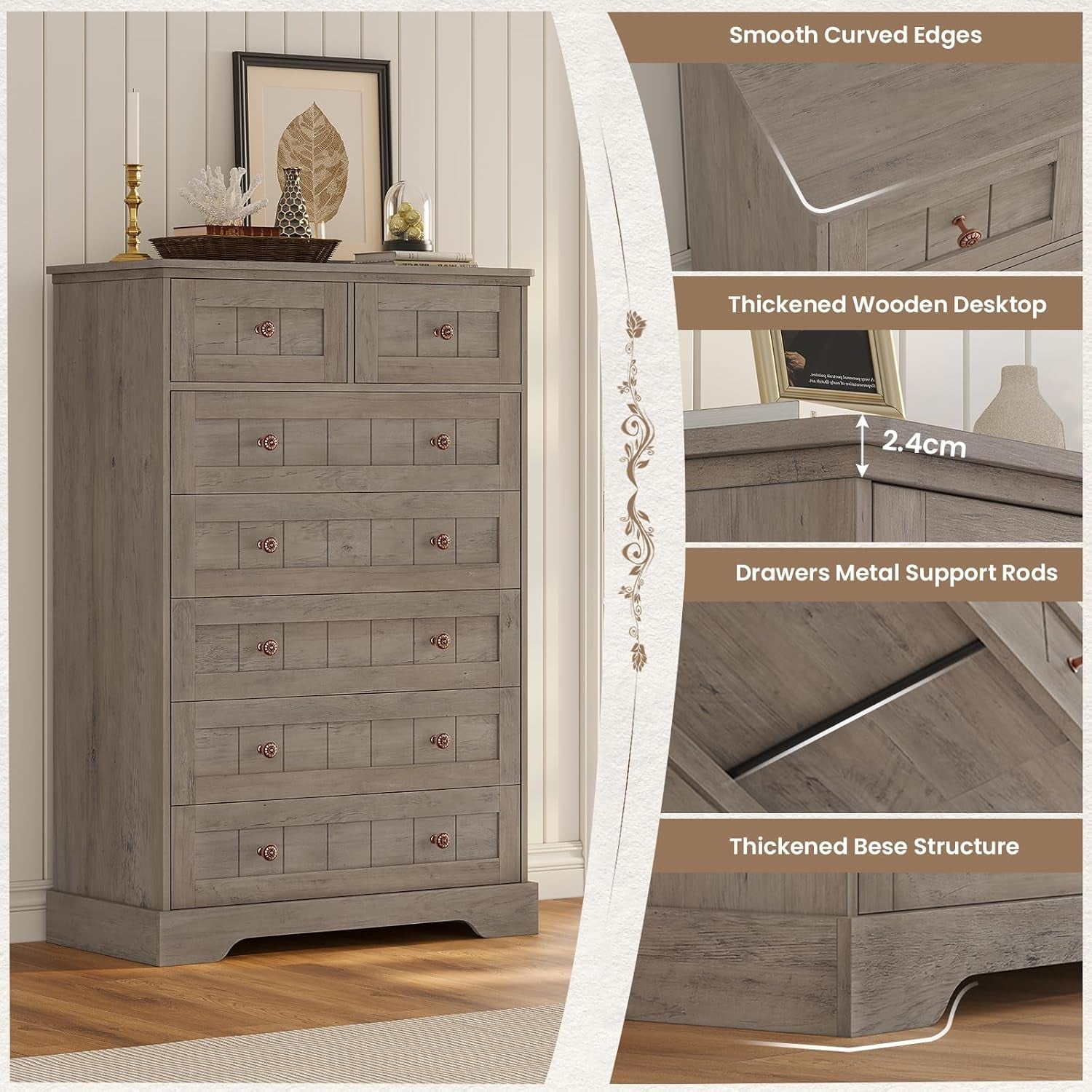 Wooden dresser with features highlighted on a white background