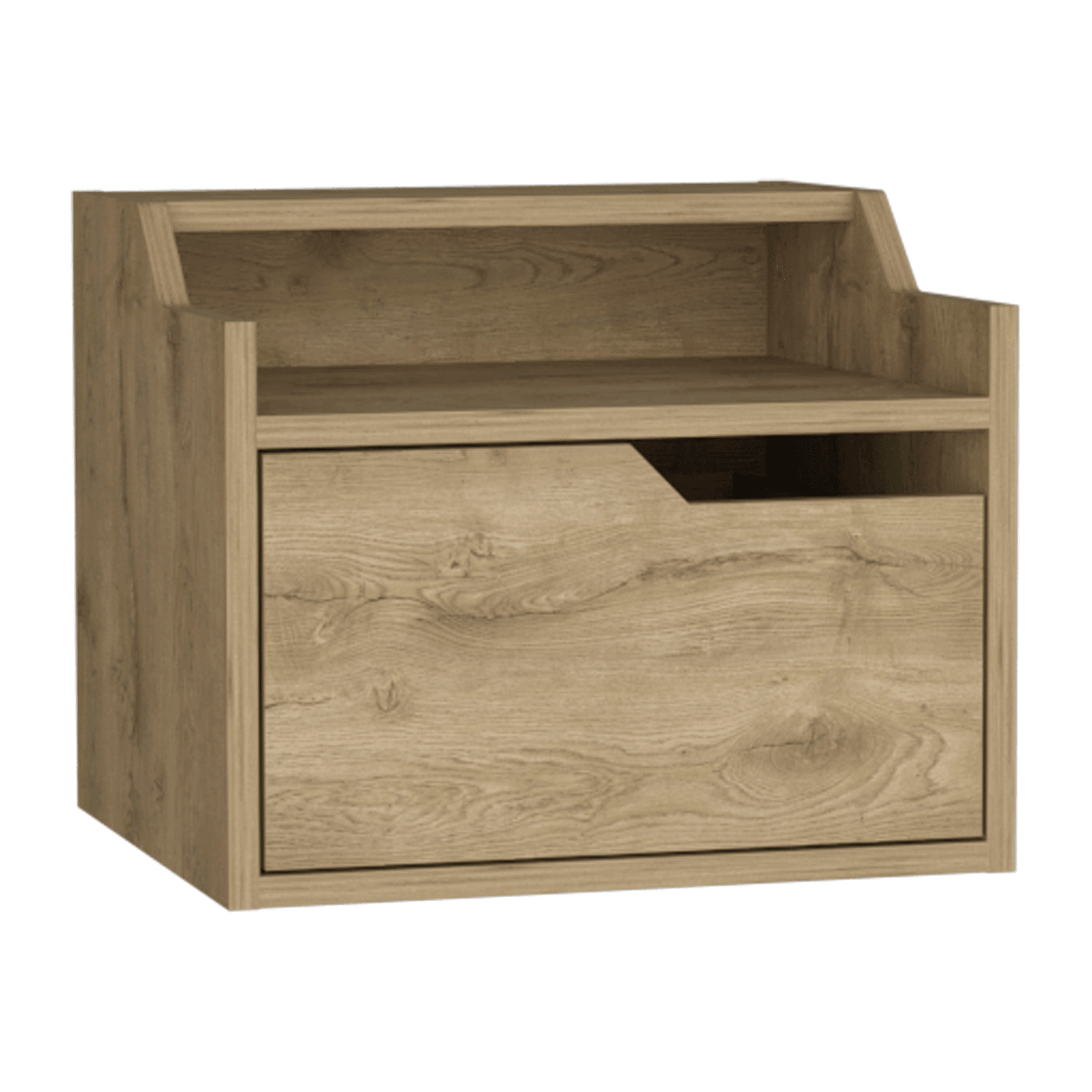 Wooden storage bench with a drawer on a white background