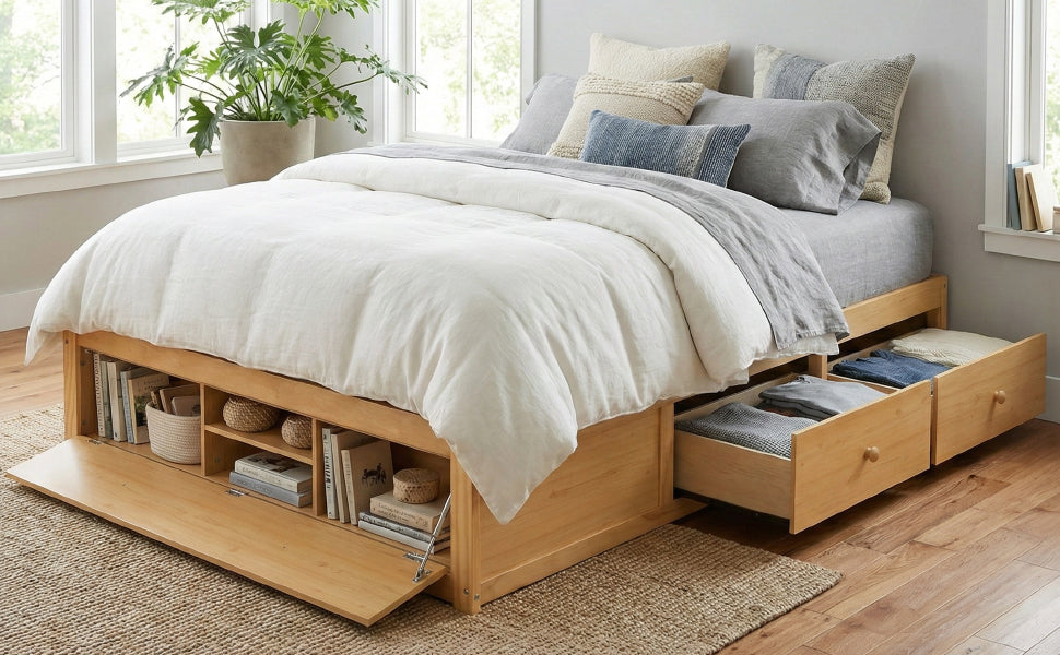 Platform Bed Frame with 4 Storage Drawers and Hydraulic Lift Footboard