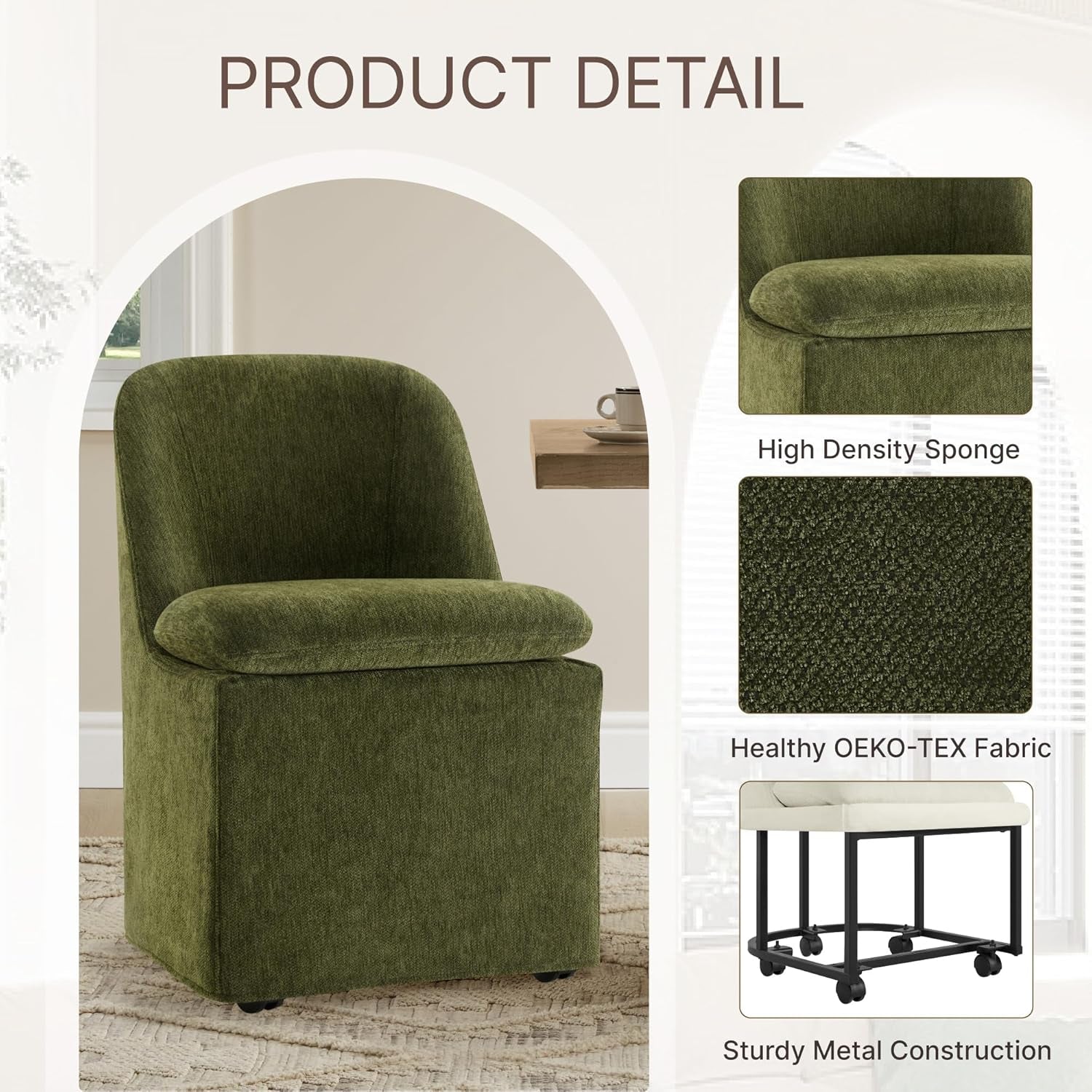 Green upholstered chair with product details on a white background