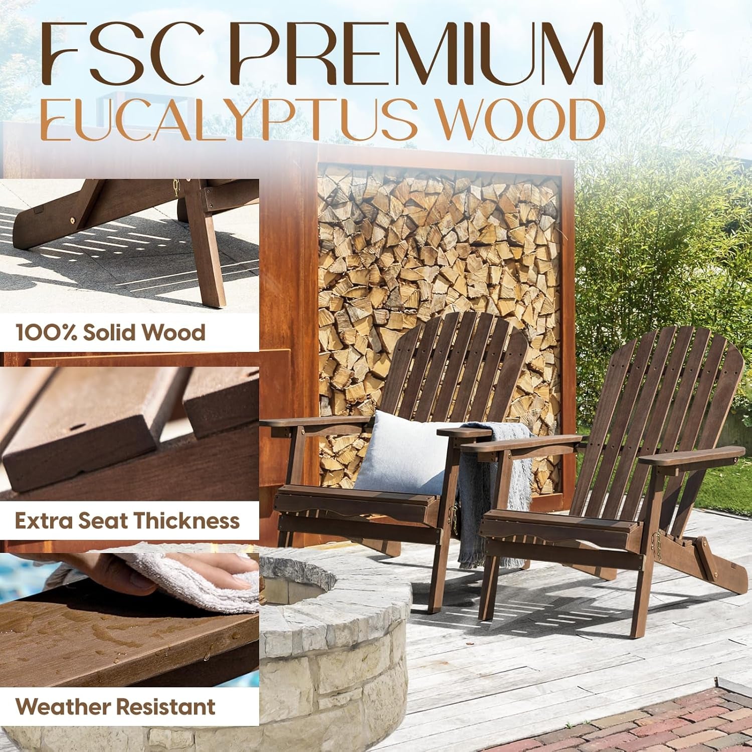 Wooden chairs and bench on a patio with FSC Premium Eucalyptus Wood text overlay.