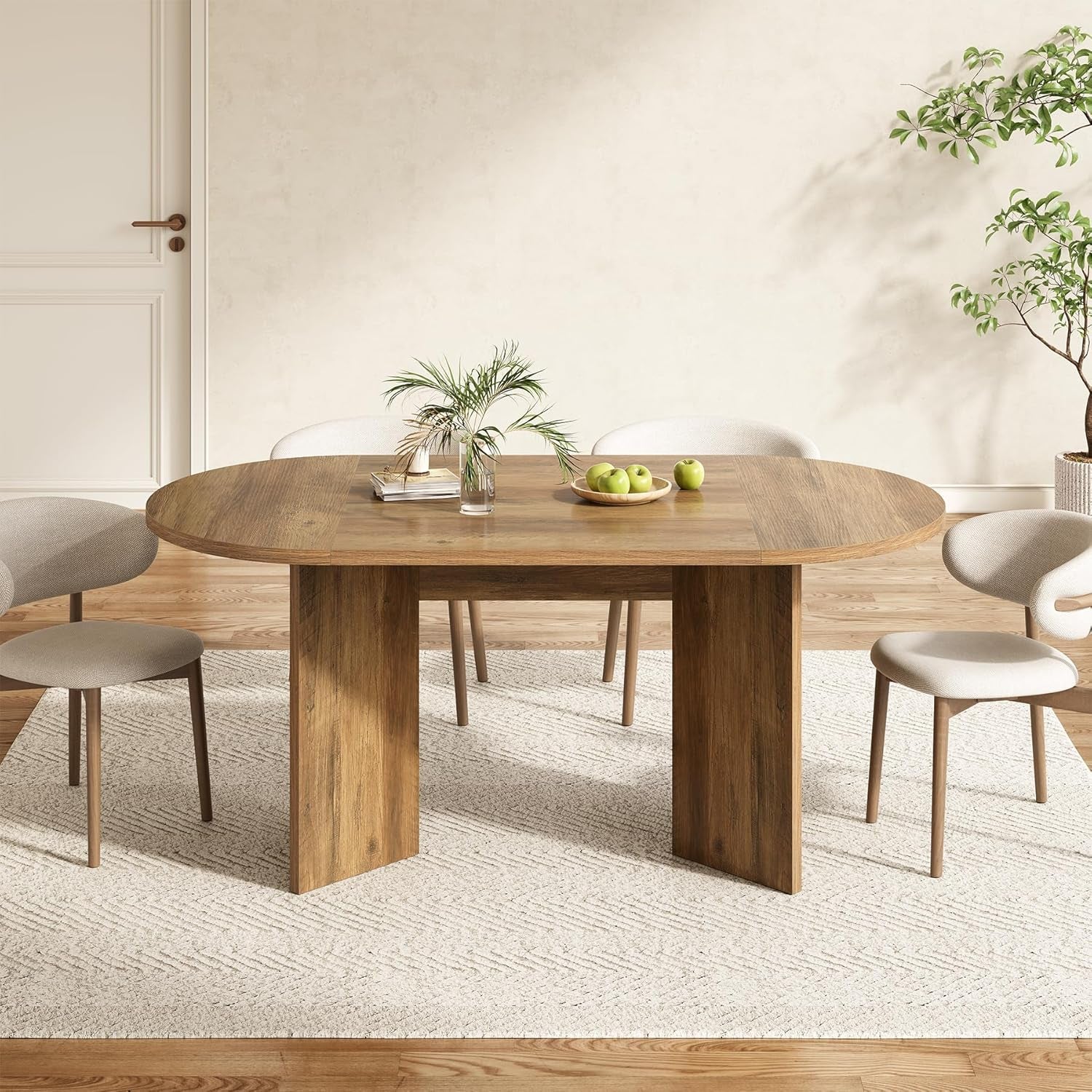 Wooden dining table with chairs in a room with a neutral color scheme.