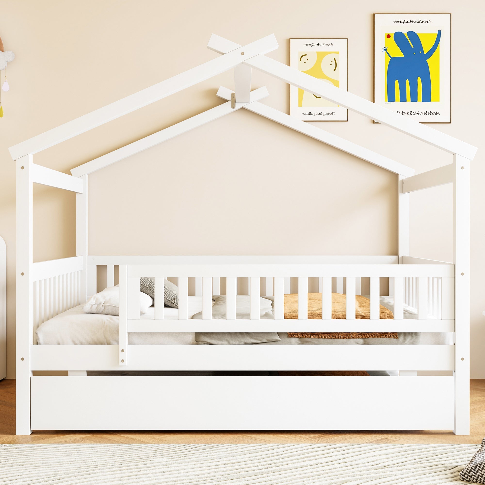 Full Size Wooden House Bed with Twin Size Trundle