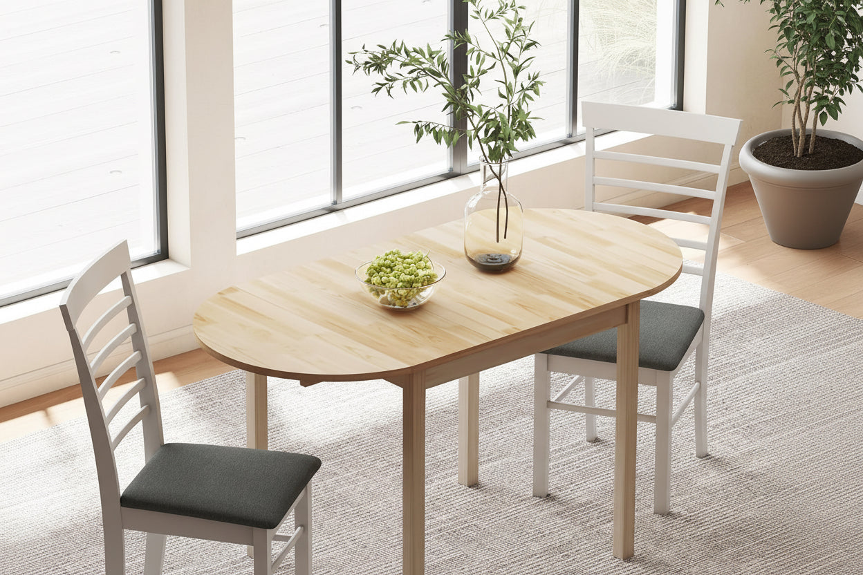 Dining table set with chairs in a room with large windows