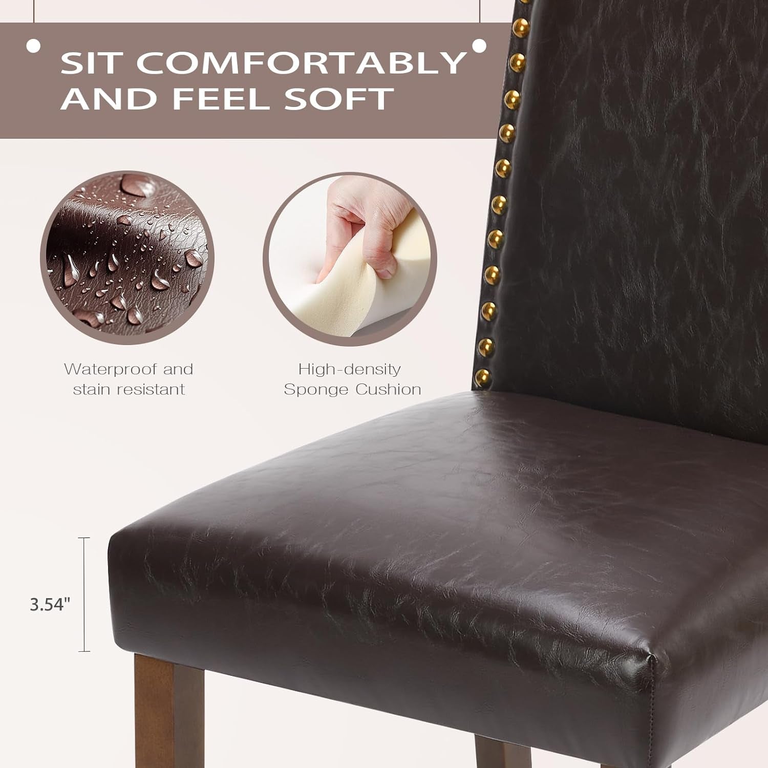 Brown chair with studded details, featuring text about comfort and features.