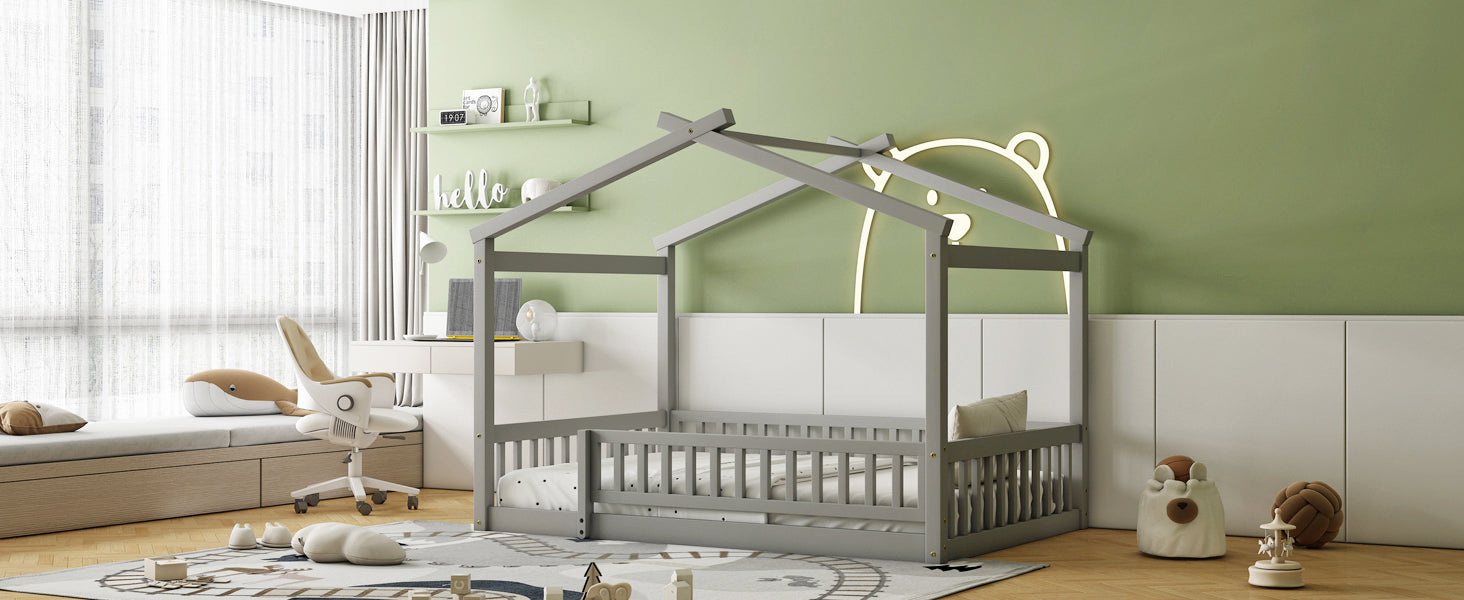 Wood Bed House Bed Frame with Fence, for Kids, Teens, Girls, Boys