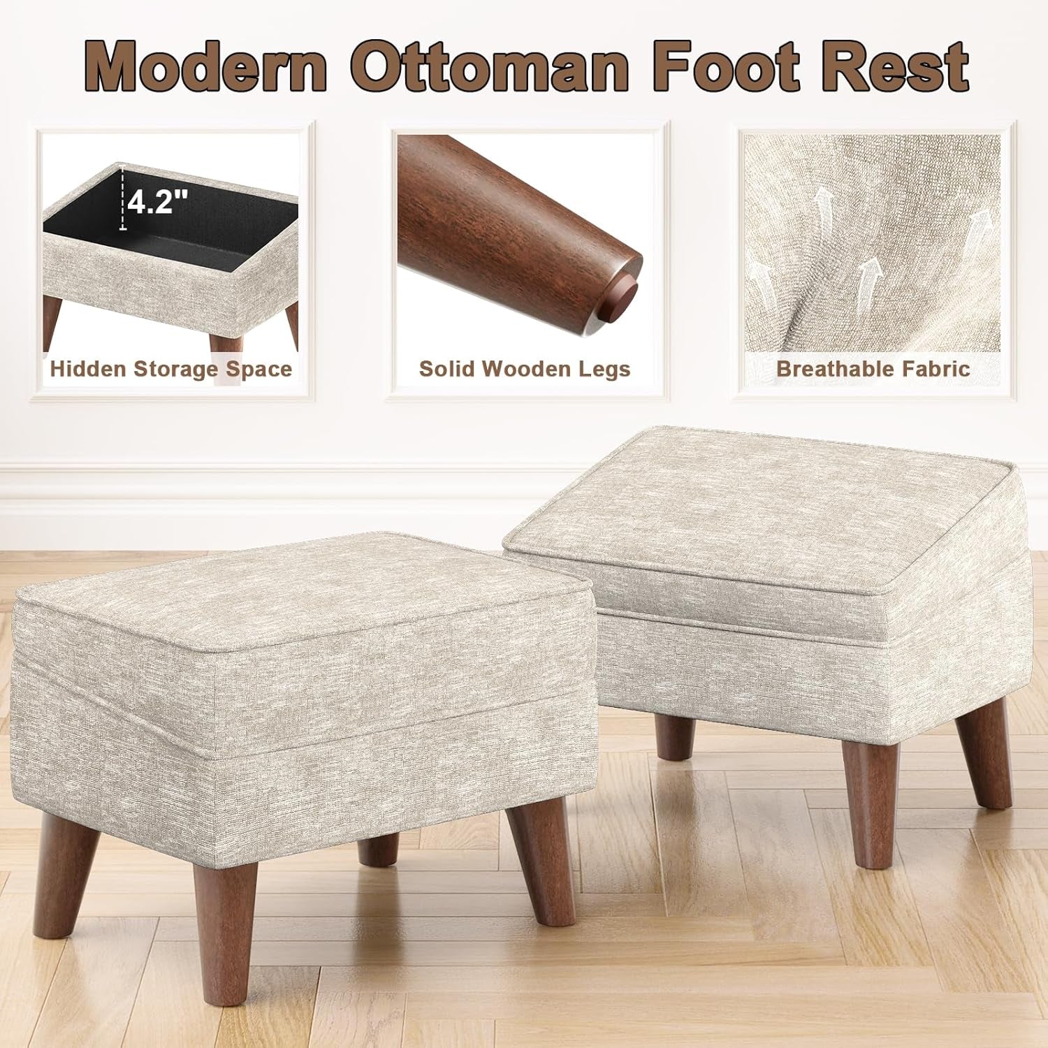 Modern ottoman foot rest with features highlighted on a white background