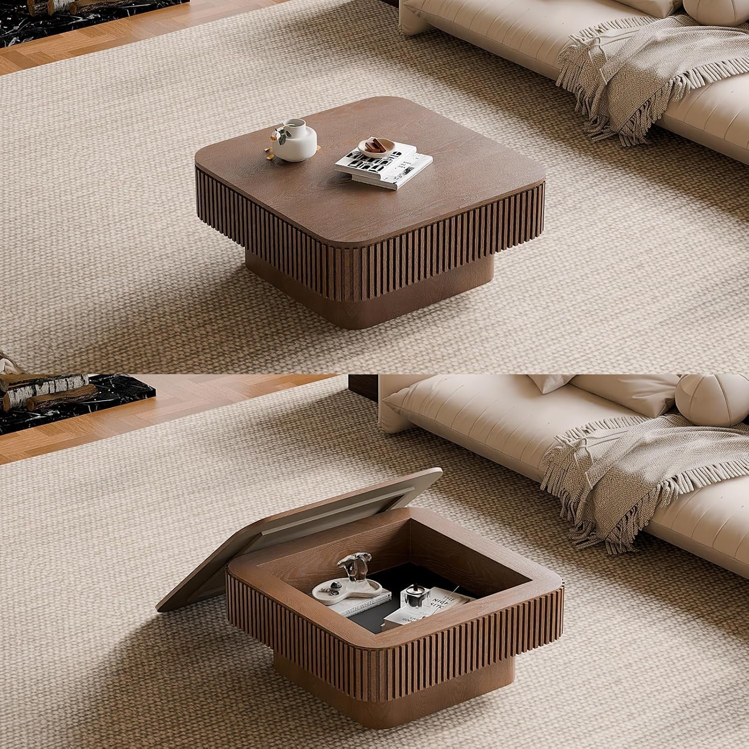 Brown coffee table with storage compartment in a living room setting