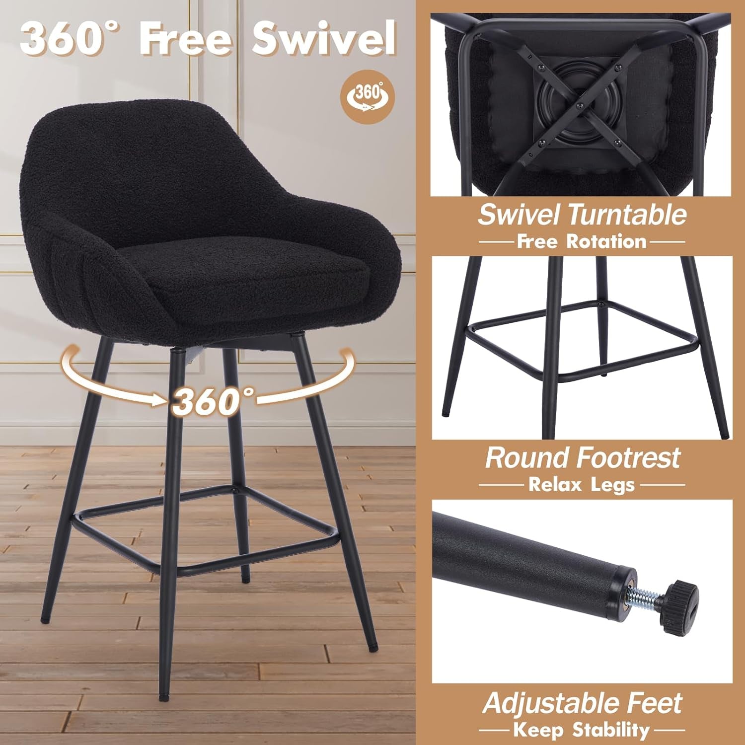 Black swivel bar stool with features highlighted on a wooden floor.