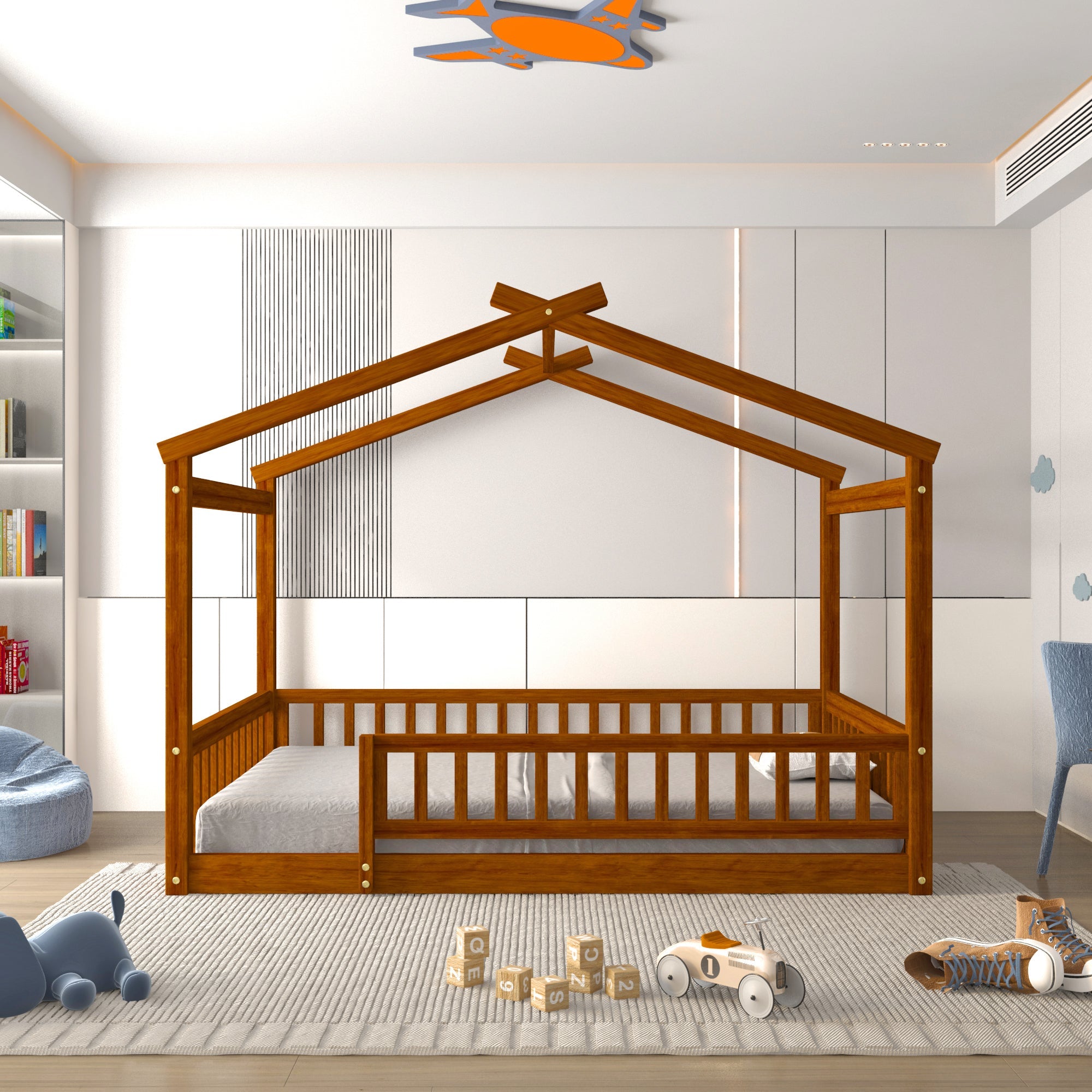 Wood Bed House Bed Frame with Fence, for Kids, Teens, Girls, Boys