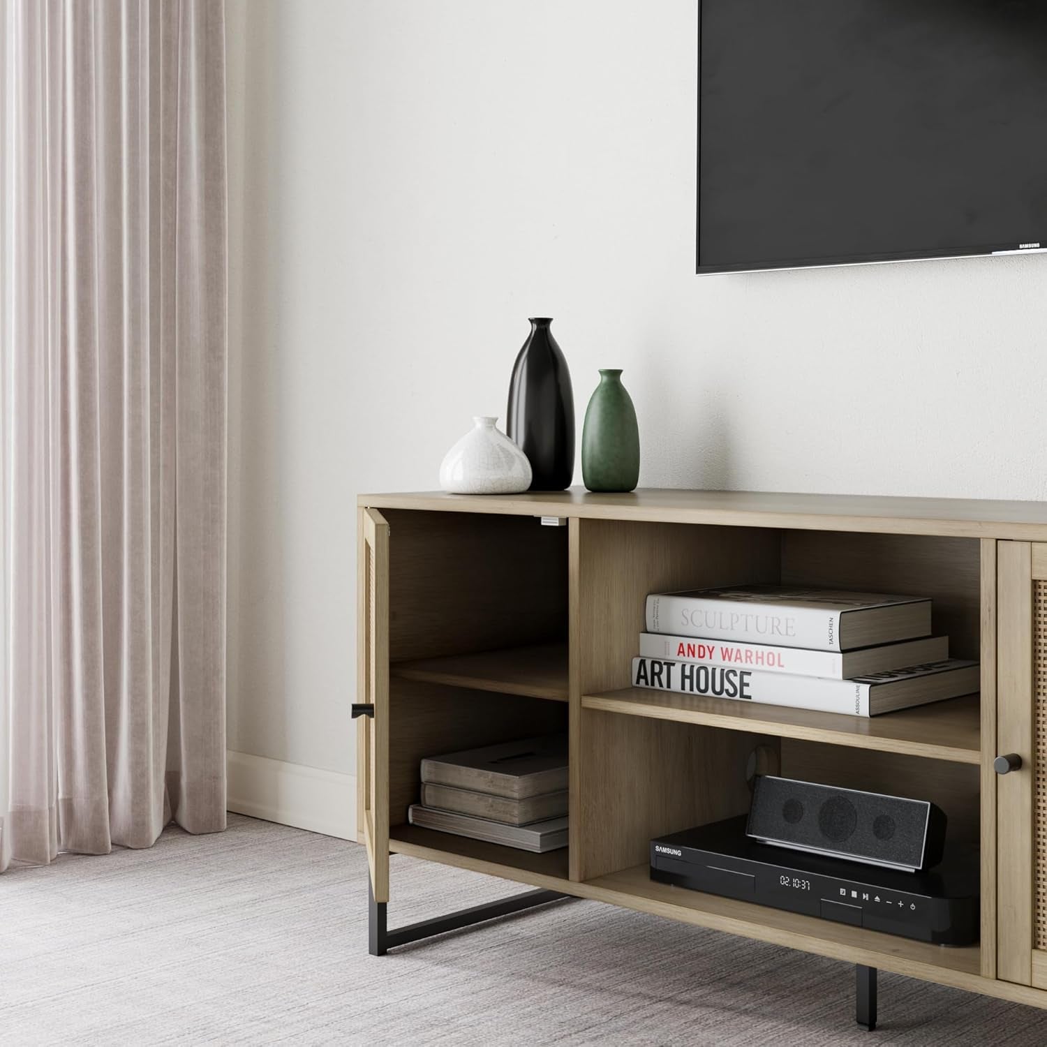 Mina Modern TV Stand With Storage Doors Oak Finish