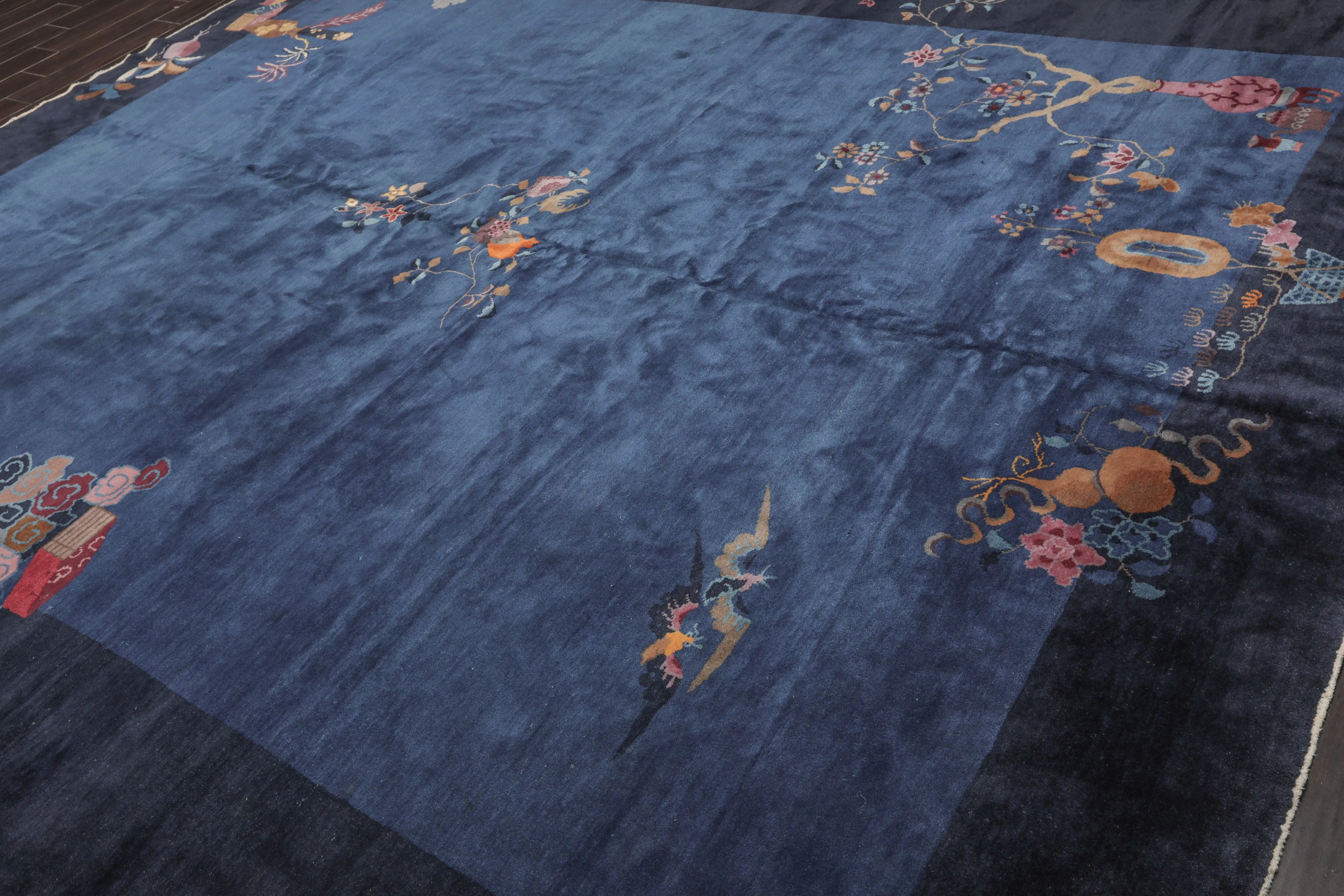 10x14 Royal Blue, Navy Hand Knotted Oriental 100% Wool Art Deco Peking Oriental Area Rug-3