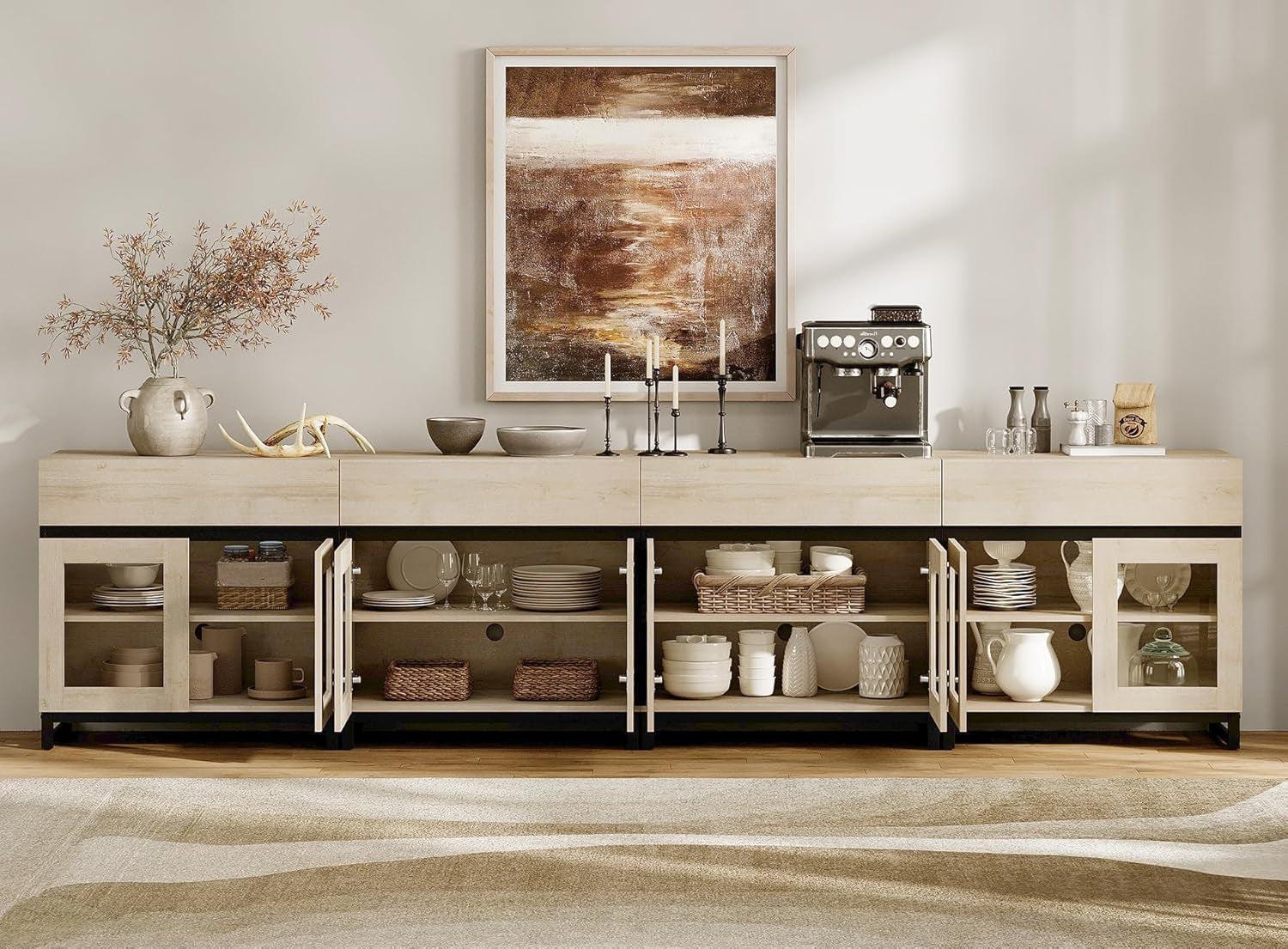 Hardy Haus Natural Oak Contemporary Sideboard | Tempered Glass Doors Storage Cabinet