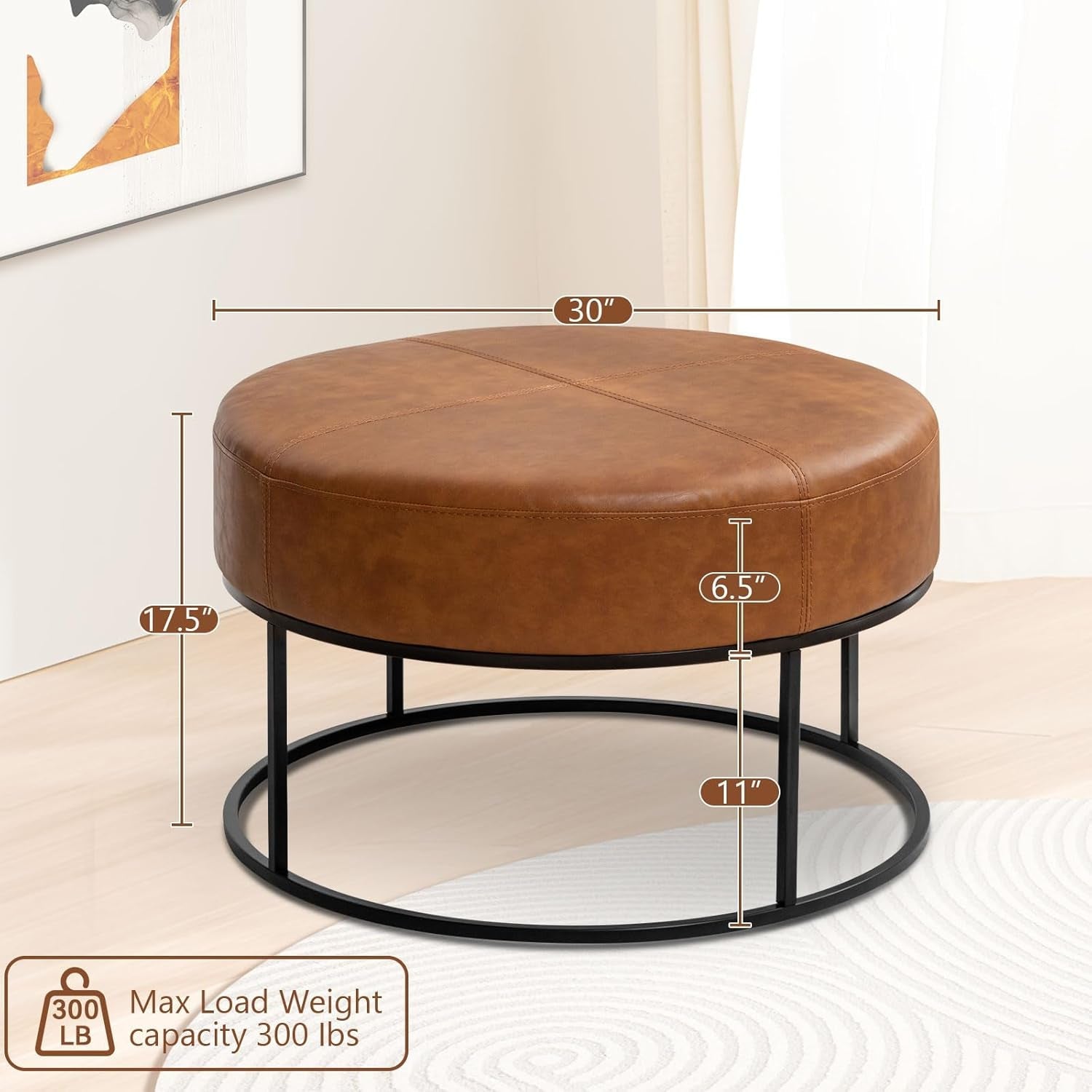 Brown round ottoman with measurements and weight capacity on a neutral background