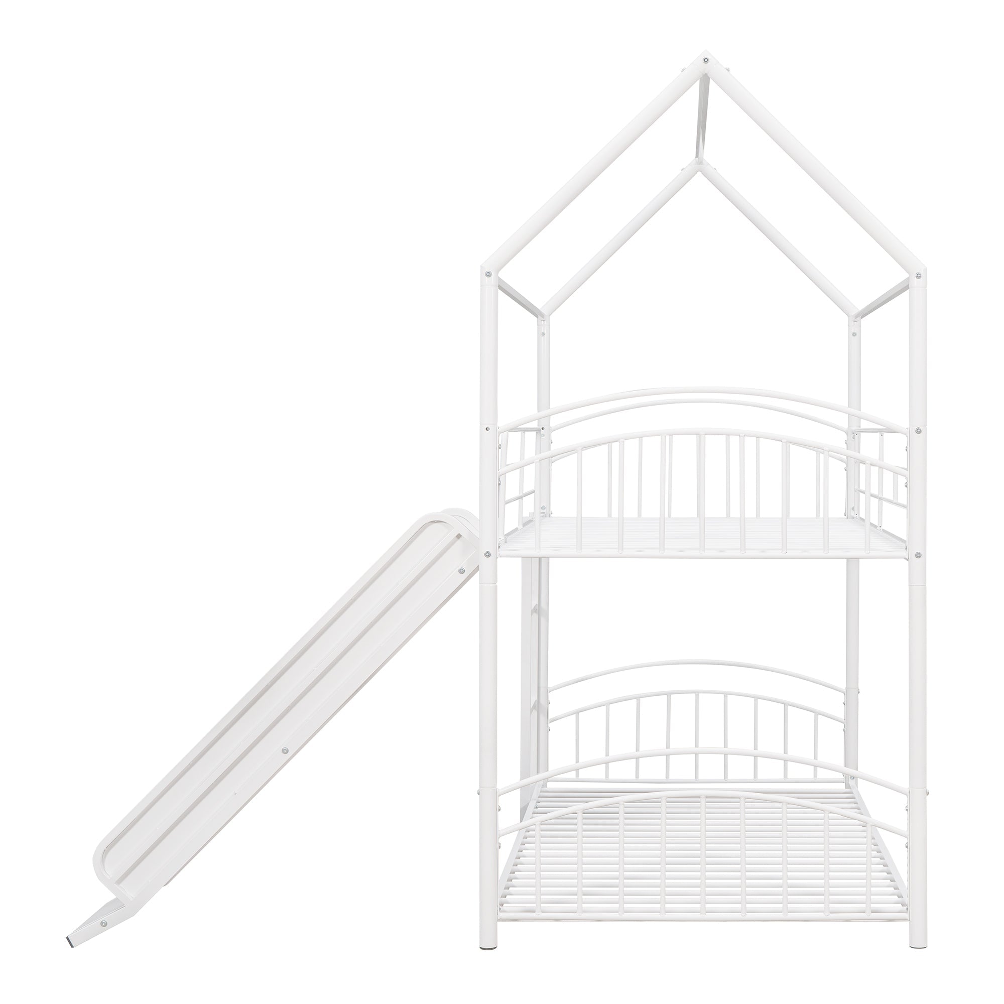 Twin Over Twin Metal Bunk Bed With Slide, Kids House Bed