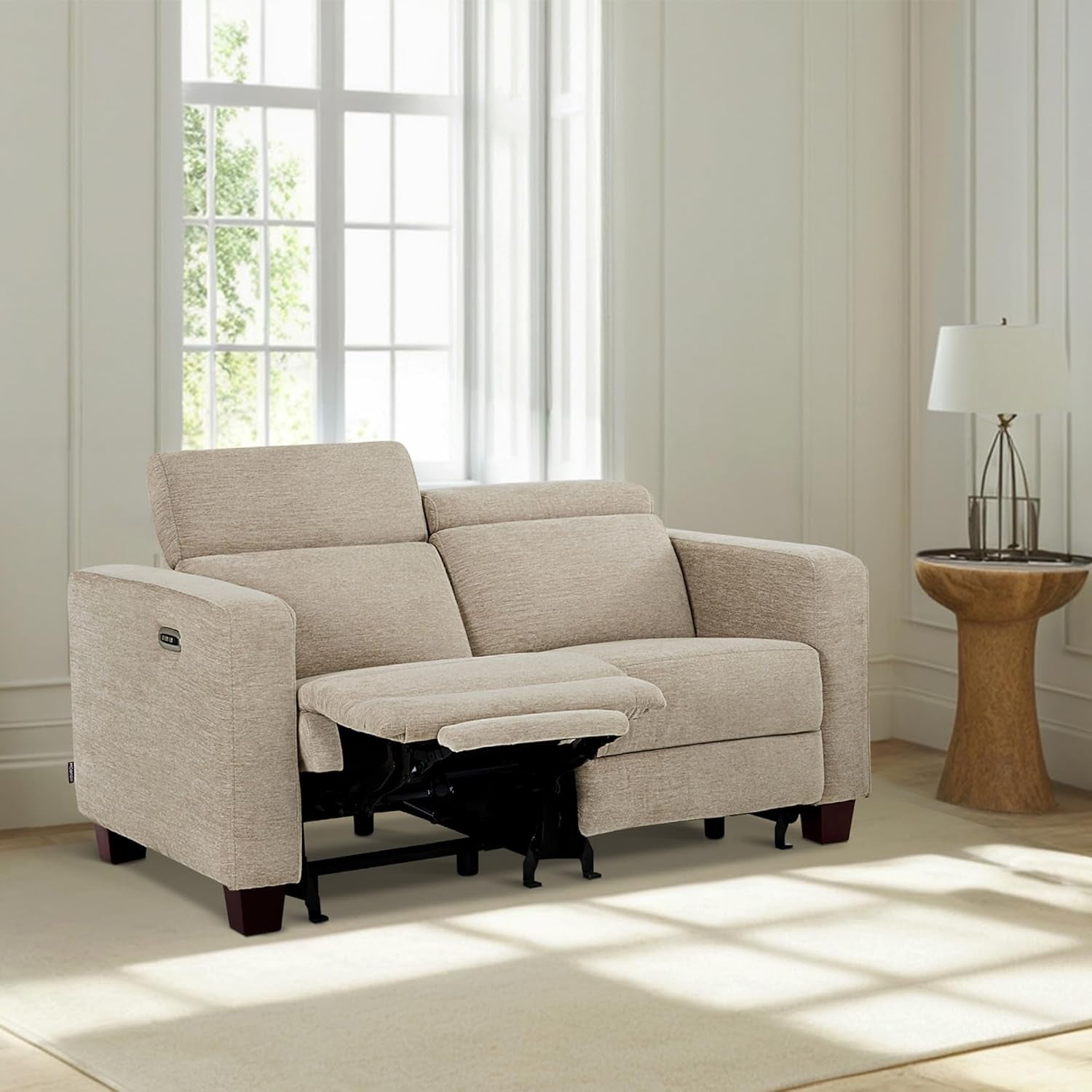 Beige Fabric Wall Hugger Power Loveseat Recliner USB-1