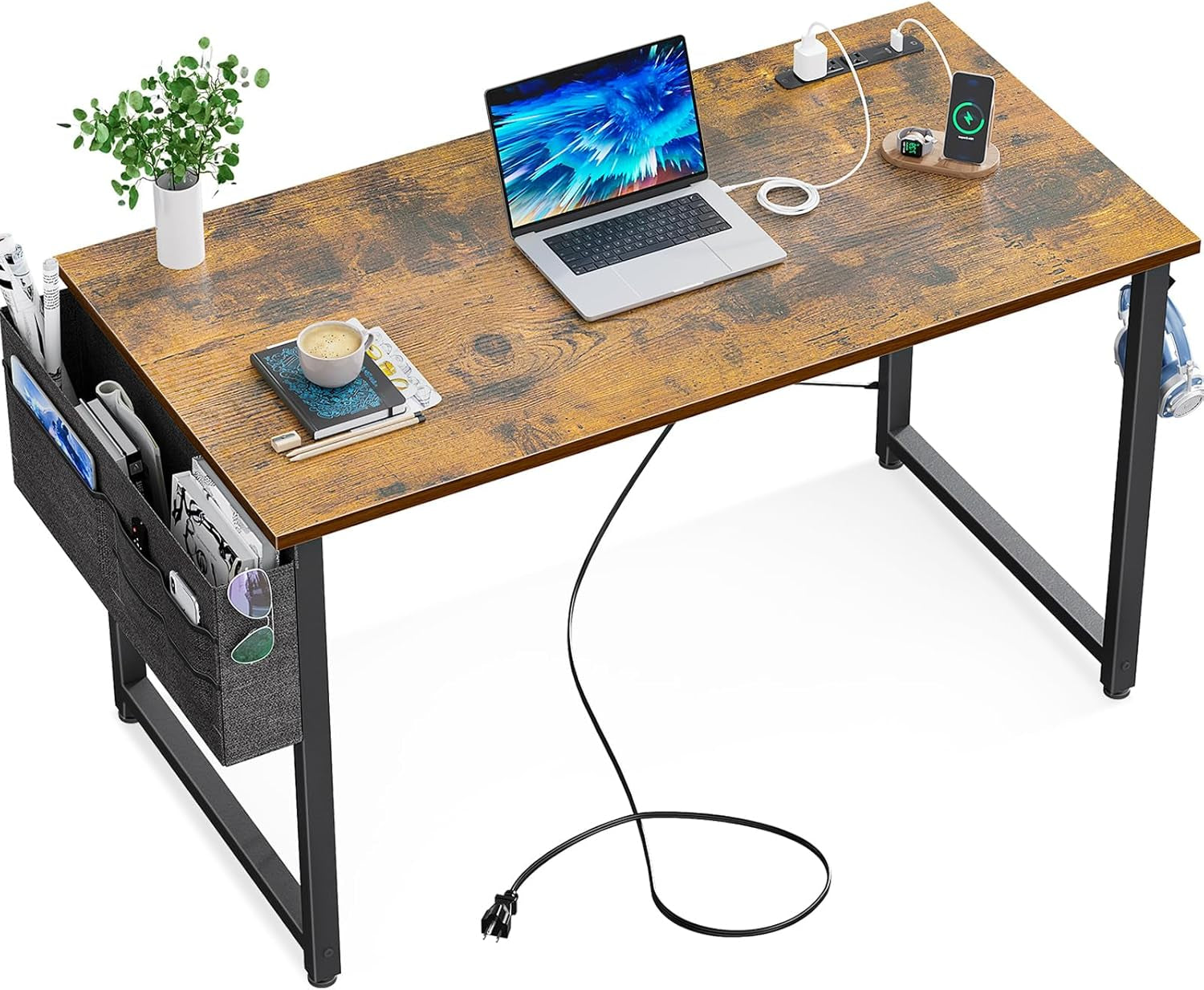 Small Desk with Power Outlets and USB Port Computer Desk for Home Office Gaming Simple Modern Style Writing Desks with Storage Bag Headphone Hook, 40 Inch, Rustic Brown-0