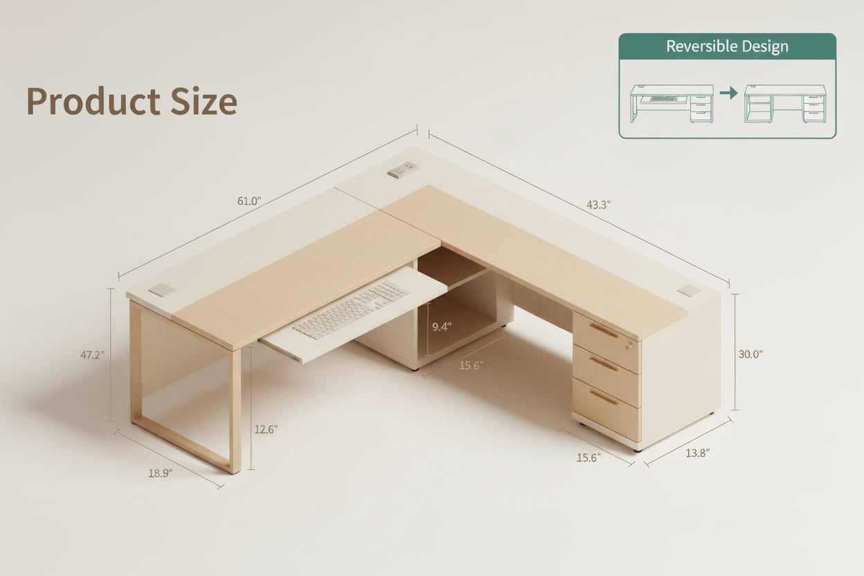 L-shaped desk with dimensions and reversible design feature, branded as Maudk.