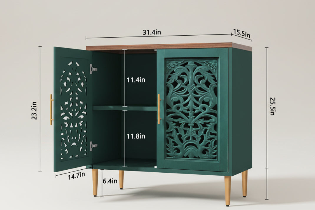 Green cabinet with decorative patterns and measurements on a white background