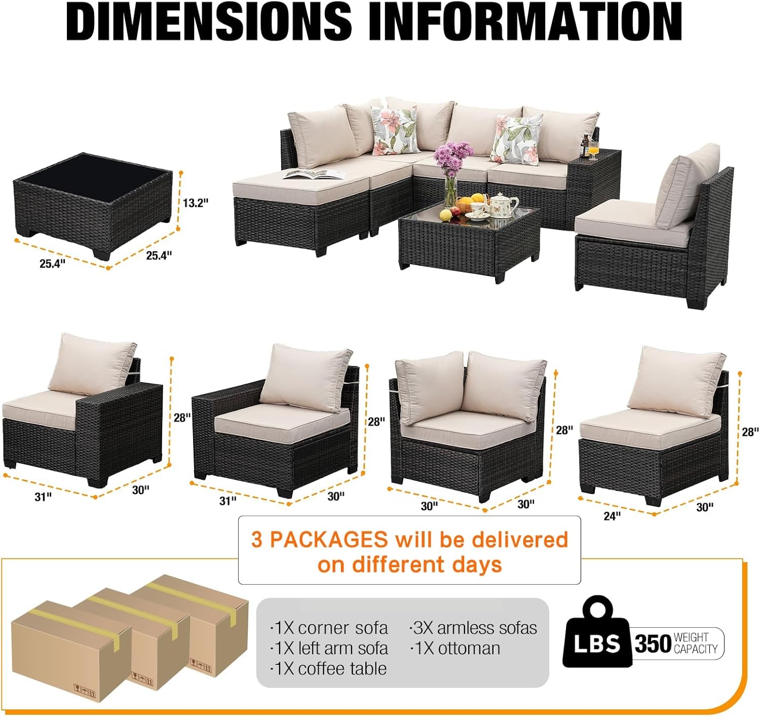Outdoor furniture set with dimensions and packaging information on a white background