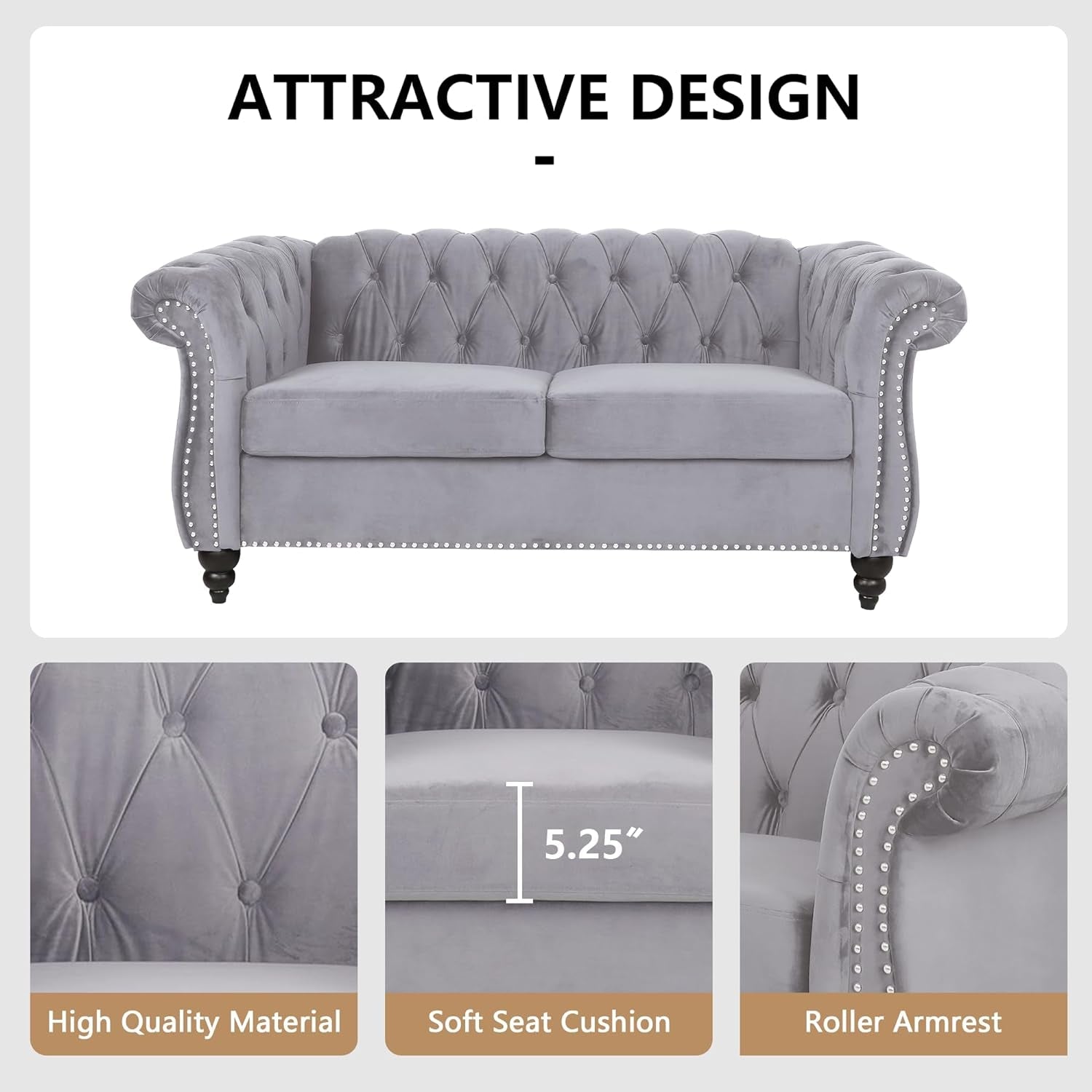 3 Piece Living Room Set, Sectional Chesterfield Sofa Chair Contemporary Upholstered Velvet Loveseat Couch Sets for Living Room, Bedroom, Office-3