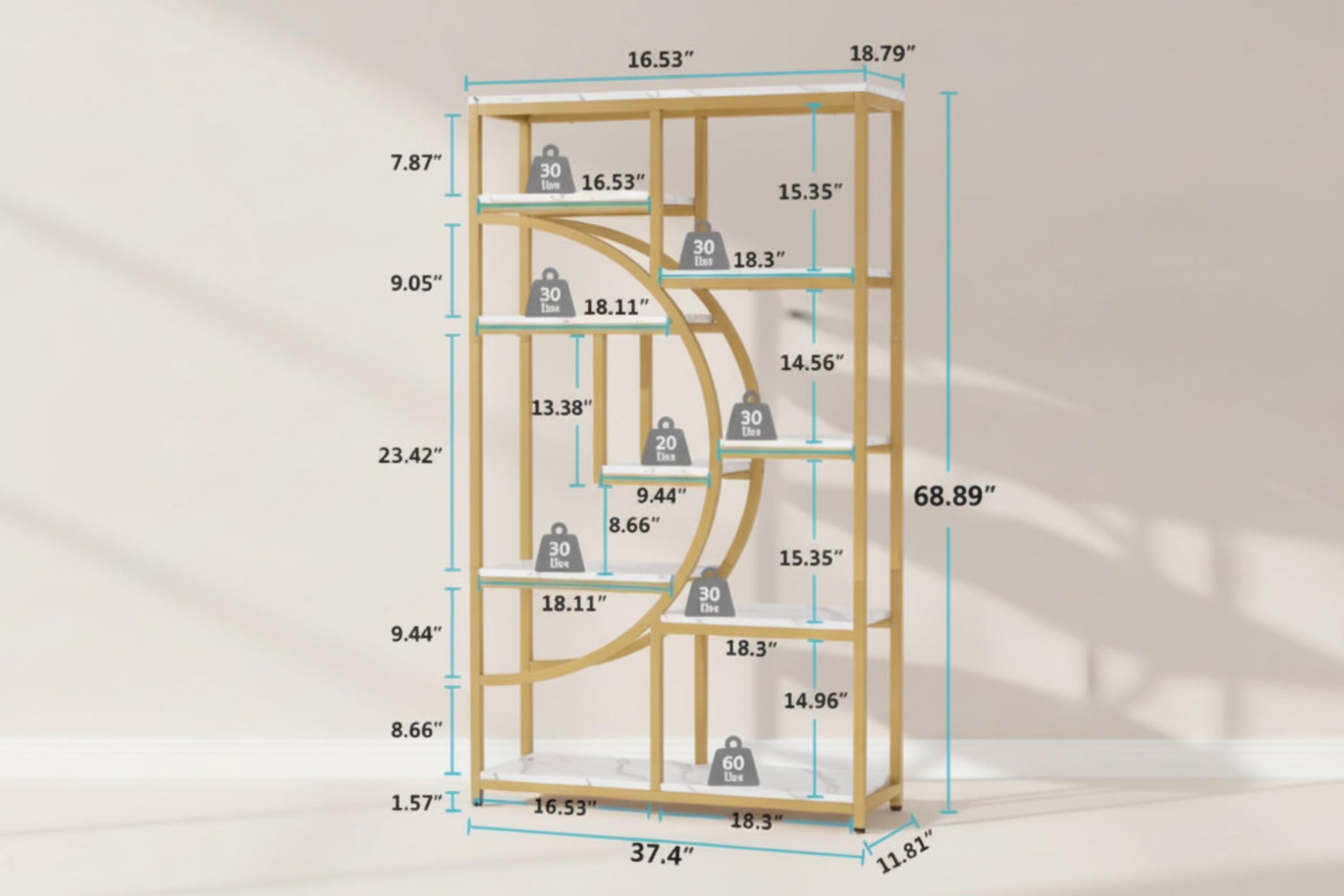 Measurement chart of a gold metal shelf with dimensions and weight capacity labels.