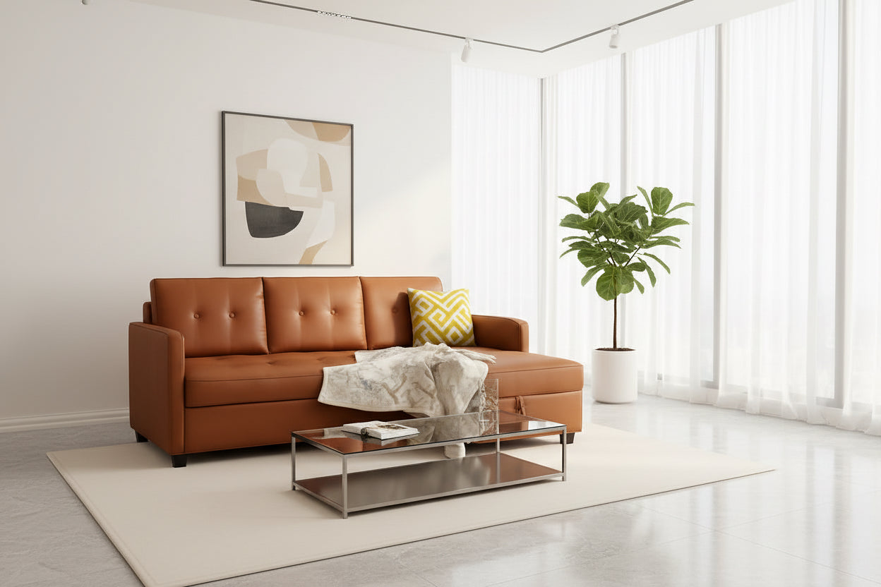 Caramel Sleeper Sofa With Storage Chaise Modern Comfort-0