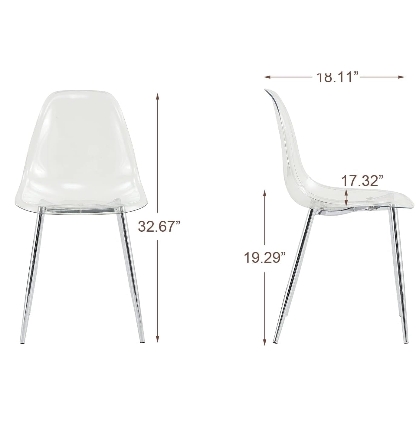 Dimensions of two white chairs with measurements and icons indicating features.