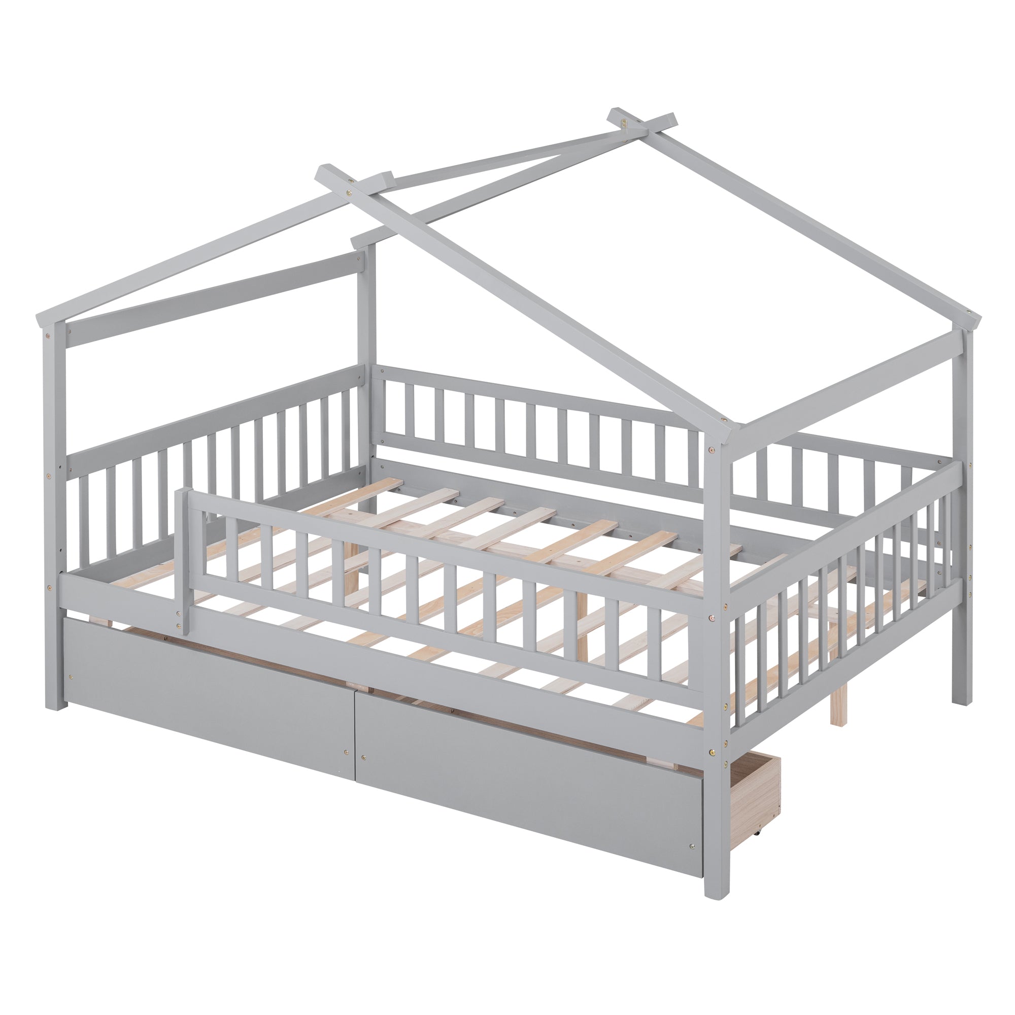 Full Size Wooden House Bed with Two Drawers