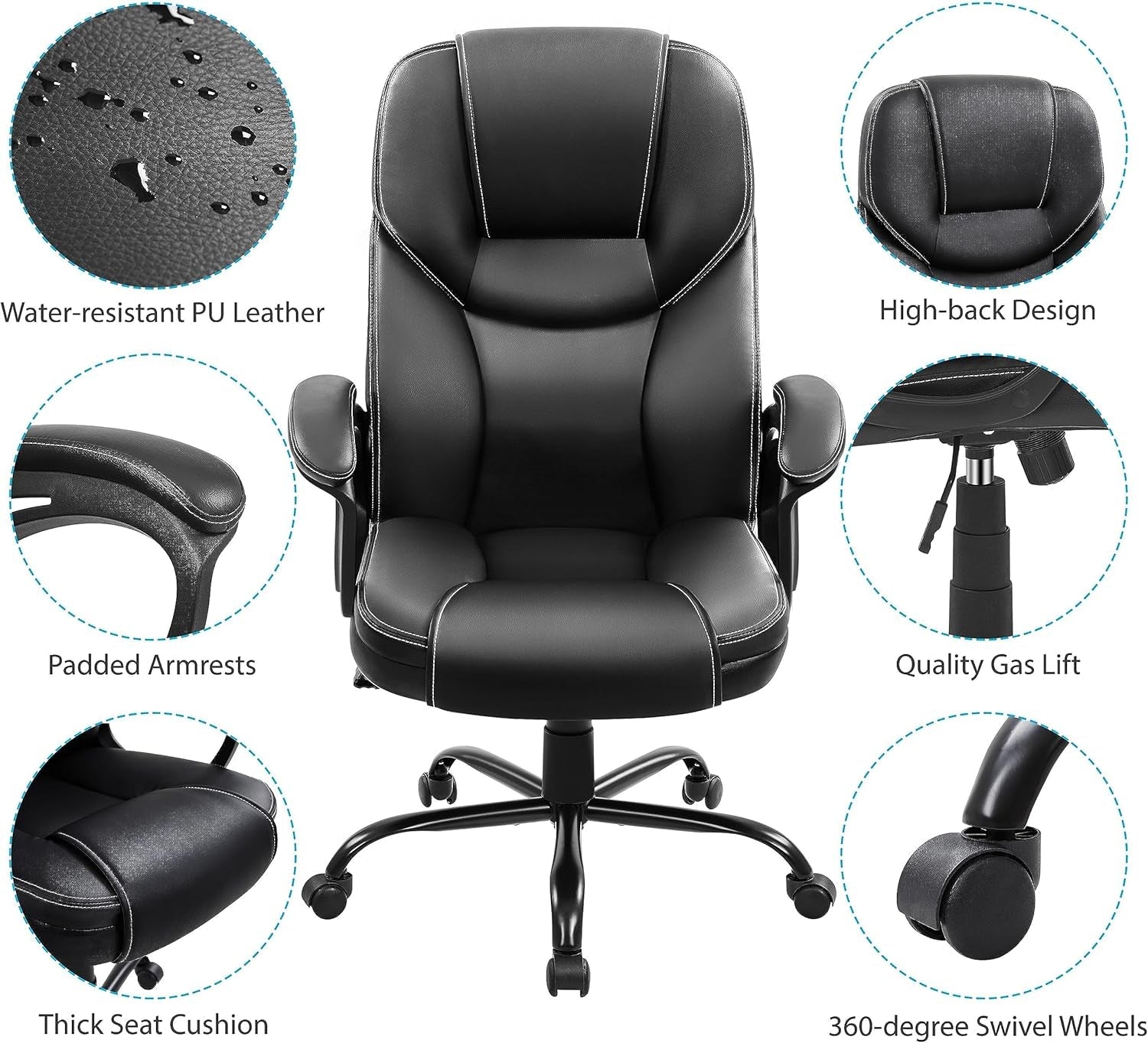 Black office chair with features highlighted on a white background