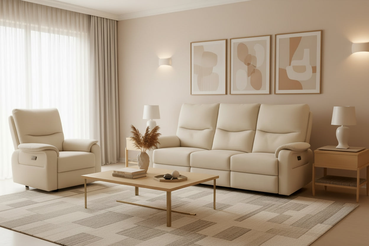 Beige sofa in a living room with a lamp and wall lights.
