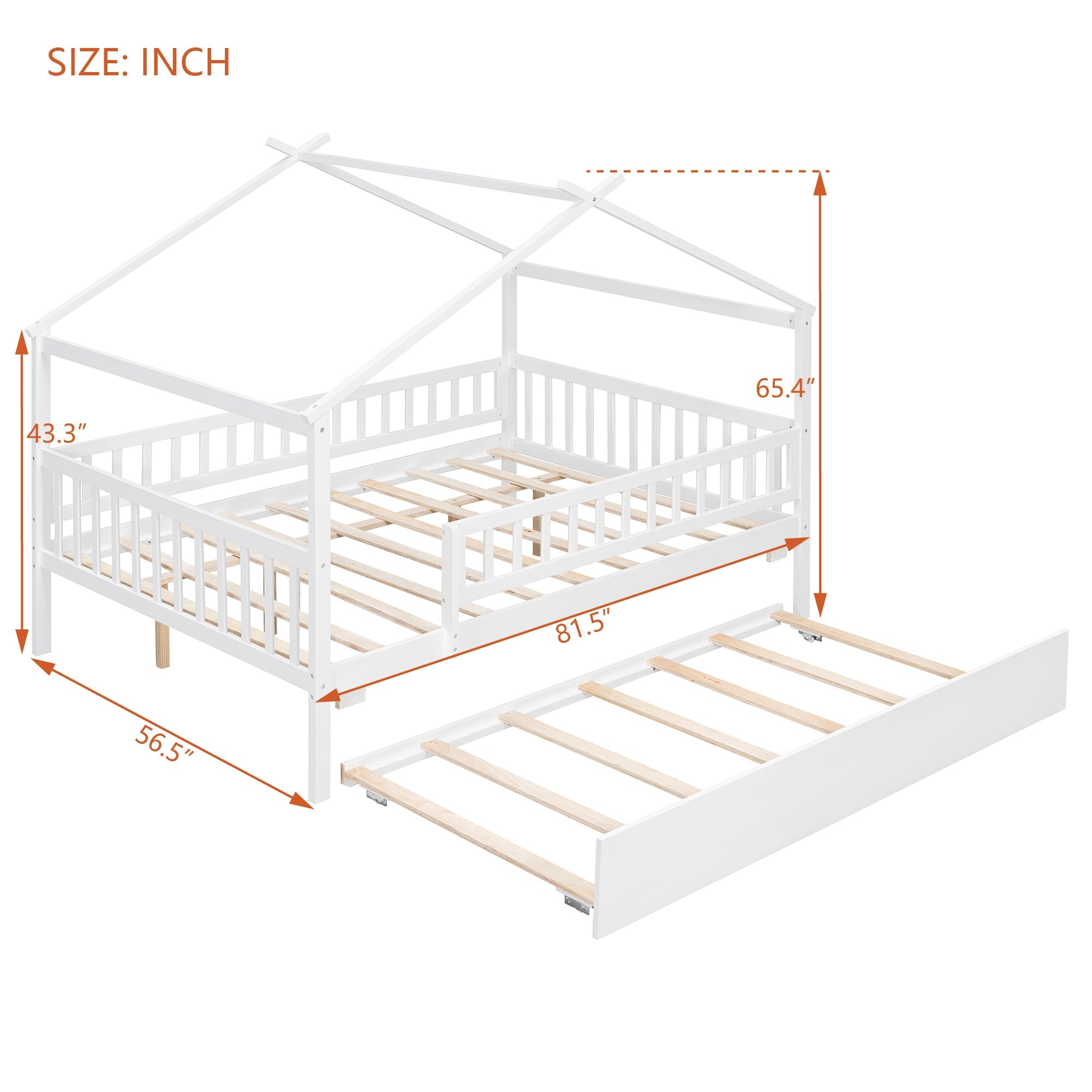 Full Size Wooden House Bed with Twin Size Trundle