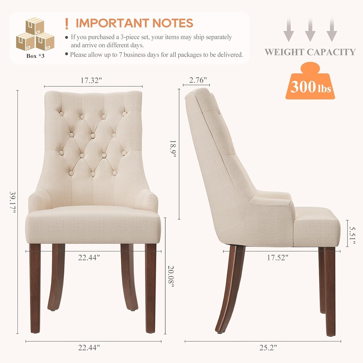 Beige upholstered chairs with dimensions and weight capacity information.